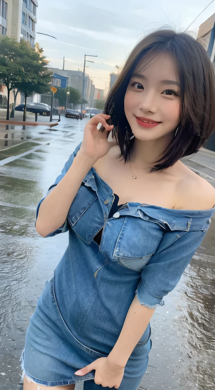 ((Best Quality, 8K, Masterpiece:1.3)), Focus: 1.2, Perfect Body Beauty: 1.4, Buttocks: 1.2, ((Layered Haircut, Breasts: 1.2)), (Wet Clothes: 1.1), (Rain, Street:1.3), Bandeau Dress: 1.1, Highly Detailed Face and Skin Texture, Fine Eyes, Double Eyelids, Whitening Skin, Long Hair, (Shut Up: 1.3), Smile,boy