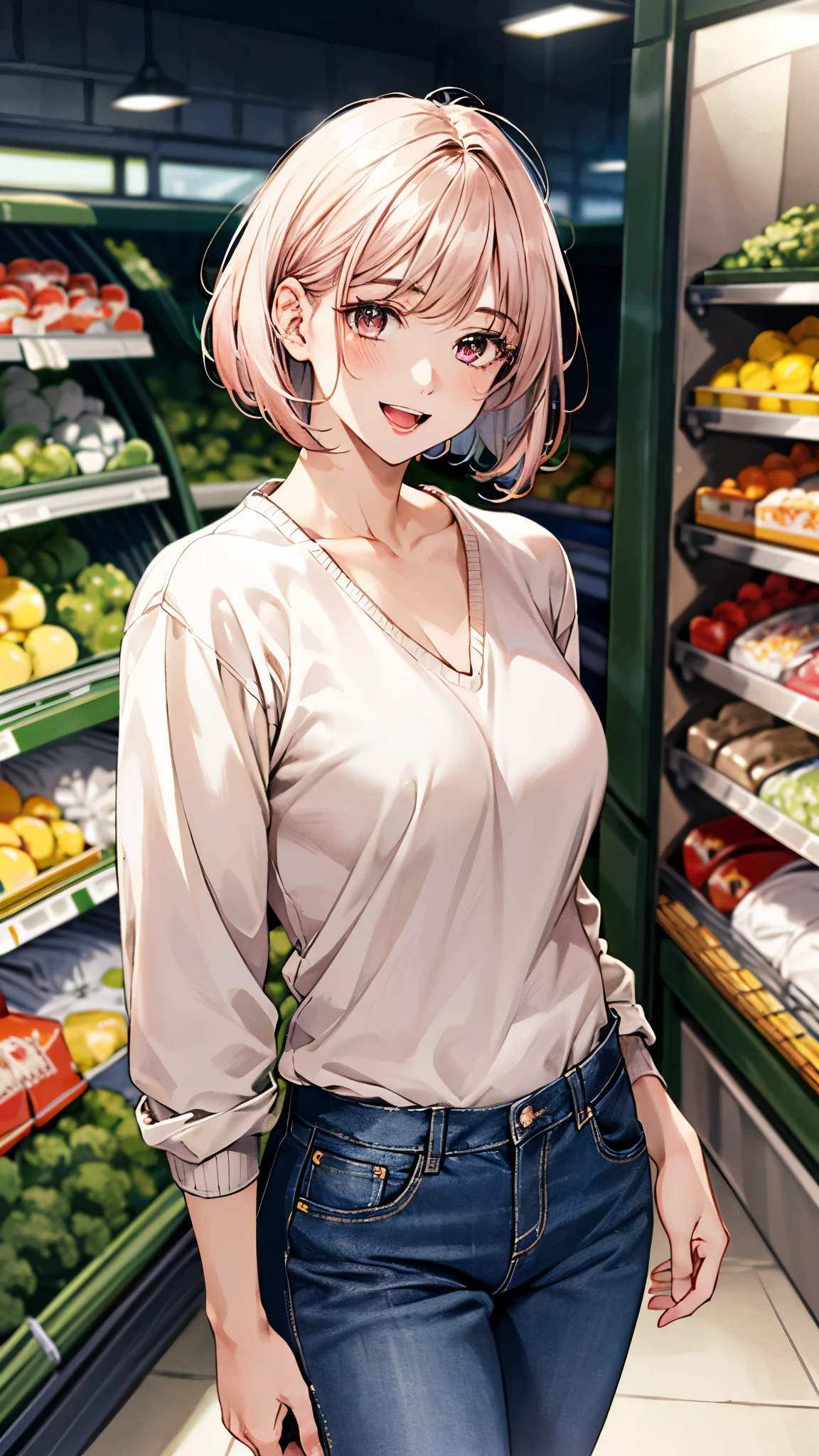 (masterpiece:1.3, top-quality), ultra high res, ultra detailed, (realistic, photorealistic:1.4), beautiful illustration, perfect lighting, colorful, depth of fields,
looking at viewer, 1 girl, solo, college school girl, (large breasts:0.8, large ass, seductive thighs, skindentation),
(short hair:1.5, bob cut:1.2, light pink hair), swept bangs, (chocolate-colored) eyes, big eyes, shiny skin, slender, (tiny),
beautiful hair, beautiful face, extremely detailed face, beautiful detailed eyes, beautiful clavicle, beautiful body, beautiful chest, beautiful thigh, beautiful legs, beautiful fingers,
(detailed cloth texture, (light brown) long sleeve v-neck sweater, closed shirt, white collared shirt, denim trousers),
(beautiful scenery), evening, (detailed, inside supermarket, fresh fishsection of a supermarket), standing, (happy smile, open mouth small),