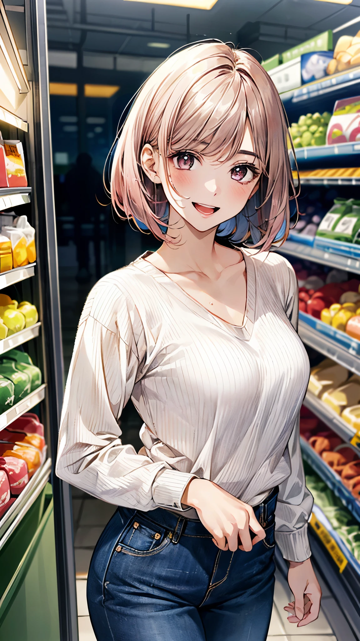 (masterpiece:1.3, top-quality), ultra high res, ultra detailed, (realistic, photorealistic:1.4), beautiful illustration, perfect lighting, colorful, depth of fields,
looking at viewer, 1 girl, solo, college school girl, (large breasts:0.8, large ass, seductive thighs, skindentation),
(short hair:1.5, bob cut:1.2, light pink hair), swept bangs, (chocolate-colored) eyes, big eyes, shiny skin, slender, (tiny),
beautiful hair, beautiful face, extremely detailed face, beautiful detailed eyes, beautiful clavicle, beautiful body, beautiful chest, beautiful thigh, beautiful legs, beautiful fingers,
(detailed cloth texture, (light brown) long sleeve v-neck sweater, closed shirt, white collared shirt, denim trousers),
(beautiful scenery), evening, (detailed, inside supermarket, fresh fishsection of a supermarket), standing, (happy smile, open mouth small),