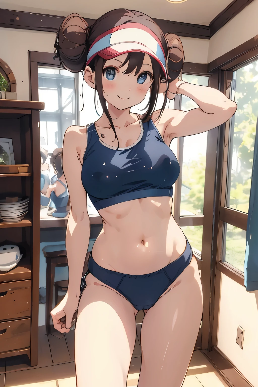 table top、highest quality、High resolution、1 girl、solo、short height、thin legs、thin thighs、belly button、smile、tits、dark brown hair、bun hair、blue eyes、long twin tails、visor cap、((nudist、sports bra、sport panties))、clock、bedroom、A photo of the subject taken from below、(Are standing、Dancing)、sexual pose、Are standing、spreading legs