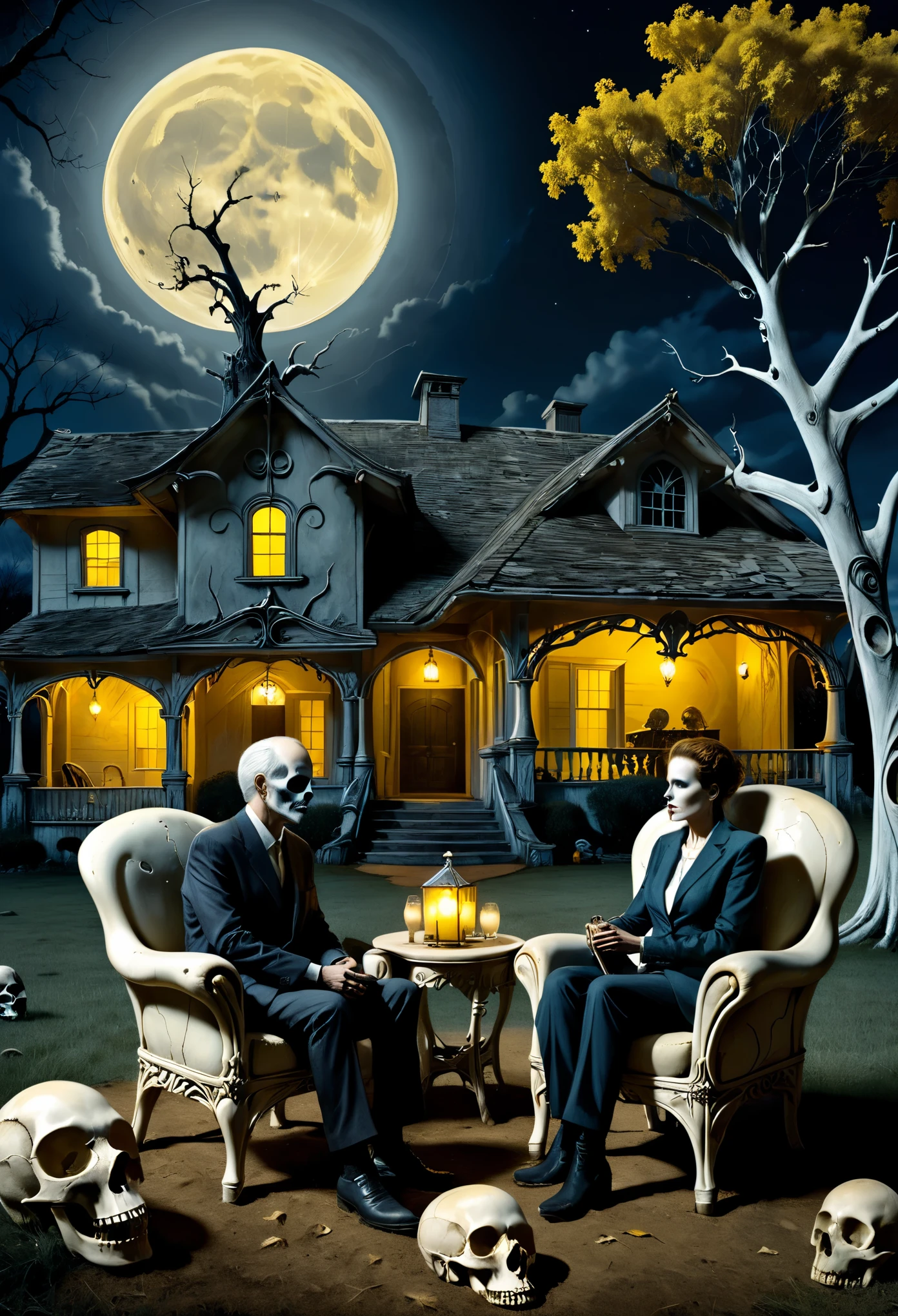 A couple, a man and a woman, are sitting on chairs made of cow bones in front of a house made of a large human skull.、Under a dead tree、yellow moon night、The moon is half hidden in clouds、Tim Burton Films、High color rendering、high detail、High resolution