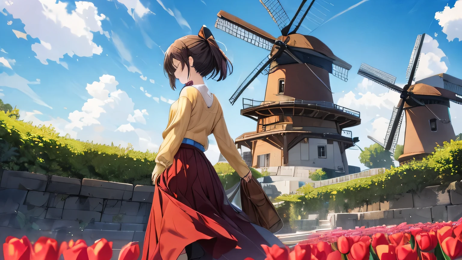 1 female、28 years old、beautiful hair, shortcut、Rear view、face turned away from the camera、can'I can't see parts of the face、yellow knit sweater、red long skirt、brown boots、Park with tulips and Dutch windmills、1 femaleで歩いている