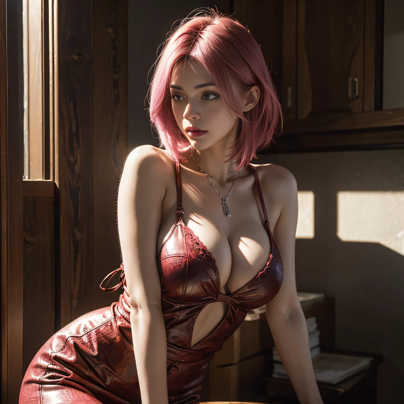 Best quality, Masterpiece, big , (big breasts), detailed skin texture, detailed cloth texture, detailed face, Super detail, 8K, the hard part, 1 girl, rich bright pink hair, beautiful lips