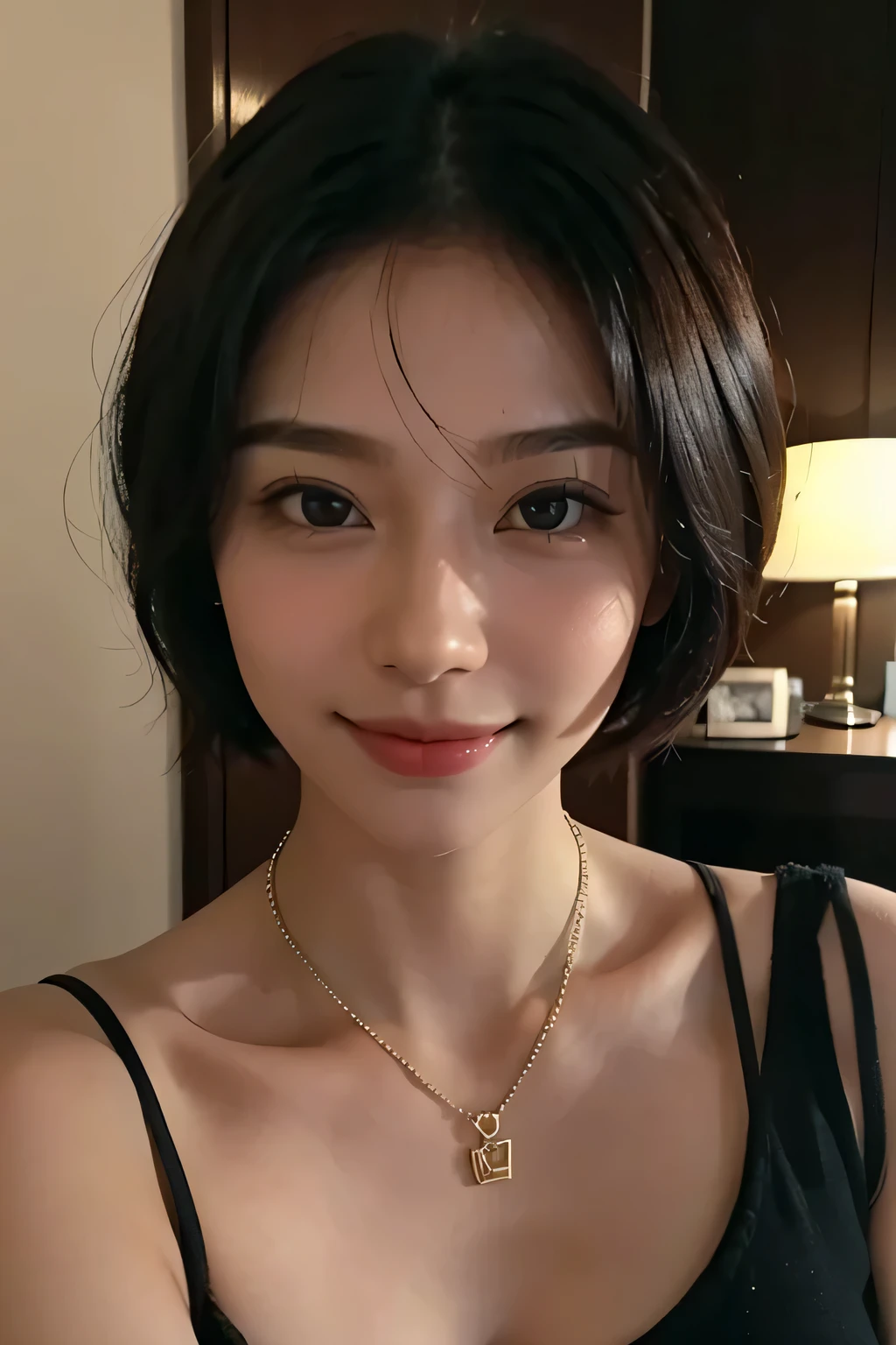 there is a woman with a necklace on her neck posing for a picture, 2 7 years old, 2 8 years old, 2 9 years old, with short hair, 21 years old, 2 3 years old, 2 2 years old, 3 2 years old, slight cute smile, cute seductive smile, malaysian, beautiful asian girl, 38 years old