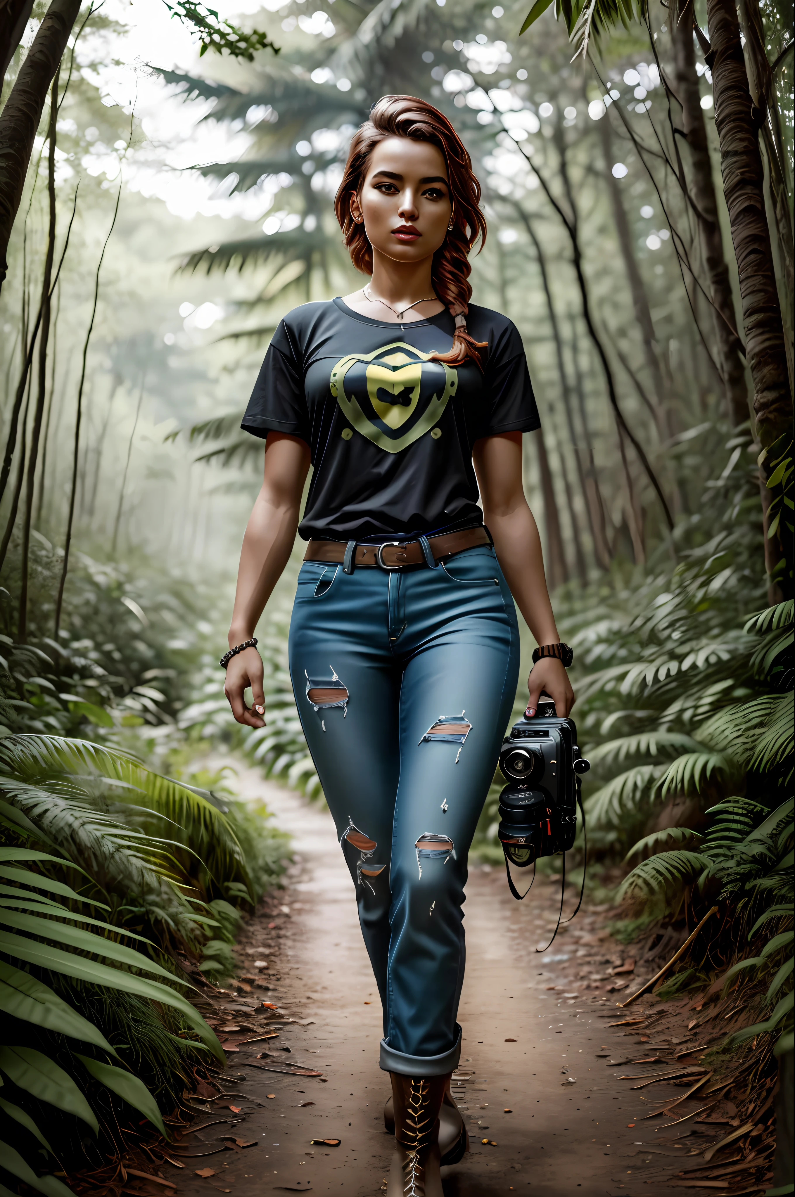 Adventurous girl, carrying DSLR camera, front image, walking in the jungle, full body, (intricate details), HDR, (intricate details, hyperdetailed:1.2), cinematic plane, centered, a beautiful cinematic masterpiece portrait of iranian girl with black weavy hair as lara croft from tomb raider, covered in dirt, treasure hunter, ((plain black basic teeshirt, full length plain tee-shirt, tight torn jeans)), ankle boots, with a complex jungle background with ancient jungle ruins, by gil elvgren, by frank frazetta, by greg rutkowski, trending on artstation, featured on pixiv, hyper detailed, beautiful studio lights, intricate elegant digital painting, cinematic composition, dramatic pose, smooth, sharp focus, (((professional photography))),dappled light, romantic, HDR, highly detailed, hasselblad, 8k, hyper realistic, eye level shot, f1.4 aperture, 8mm film grain, cinestill 800, by Jean Paul Gaultier and Jules Bastien-Lepage and Stella McCartney, (((professional photography))),dappled light, romantic, HDR, highly detailed, hasselblad, 8k, hyper realistic, eye level shot, f1.4 aperture, 8mm film grain, cinestill 800