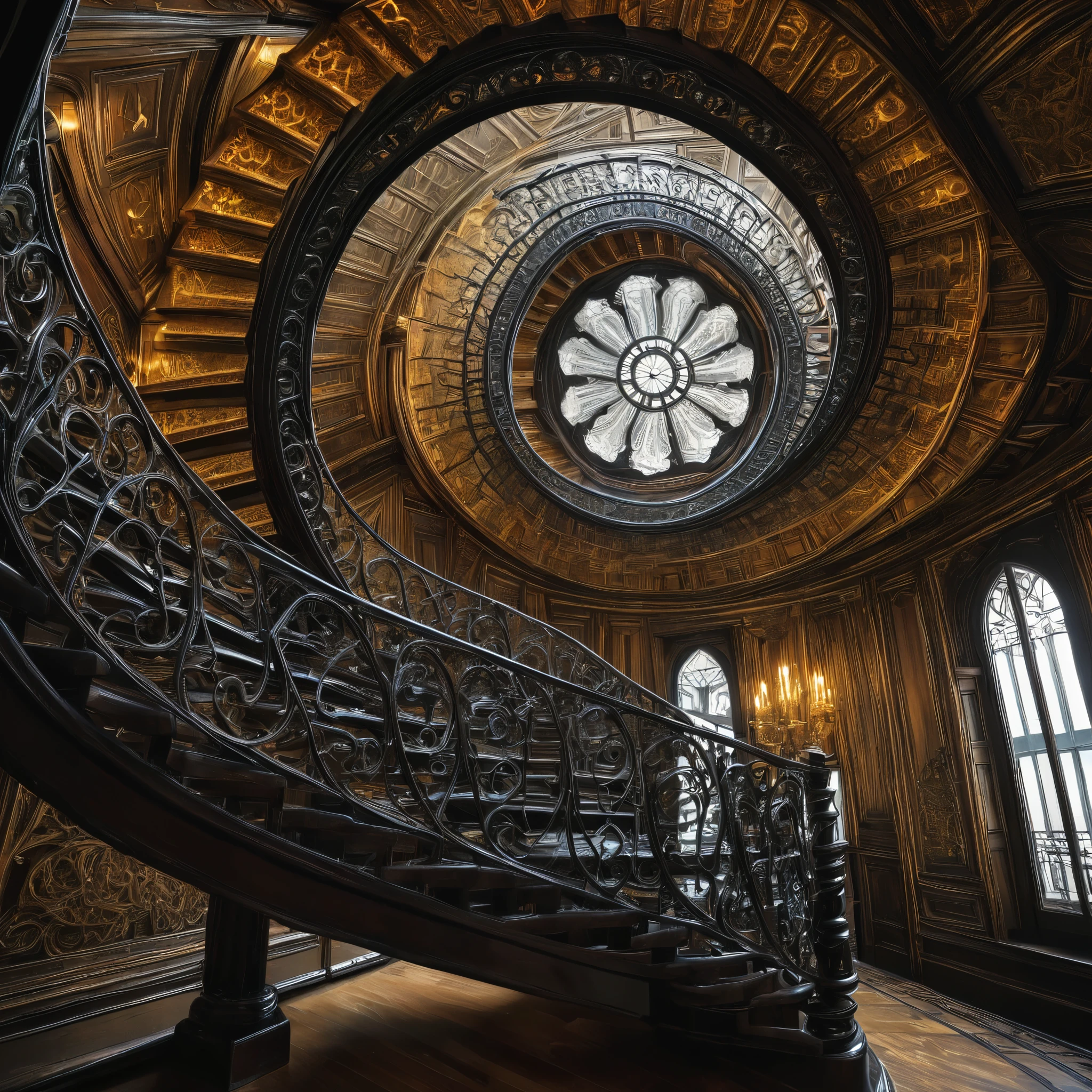 A towering spiral staircase made of intricately repeating fractal patterns, each step composed of impossibly intricate forks and knives twisted into mind-bending geometries.
