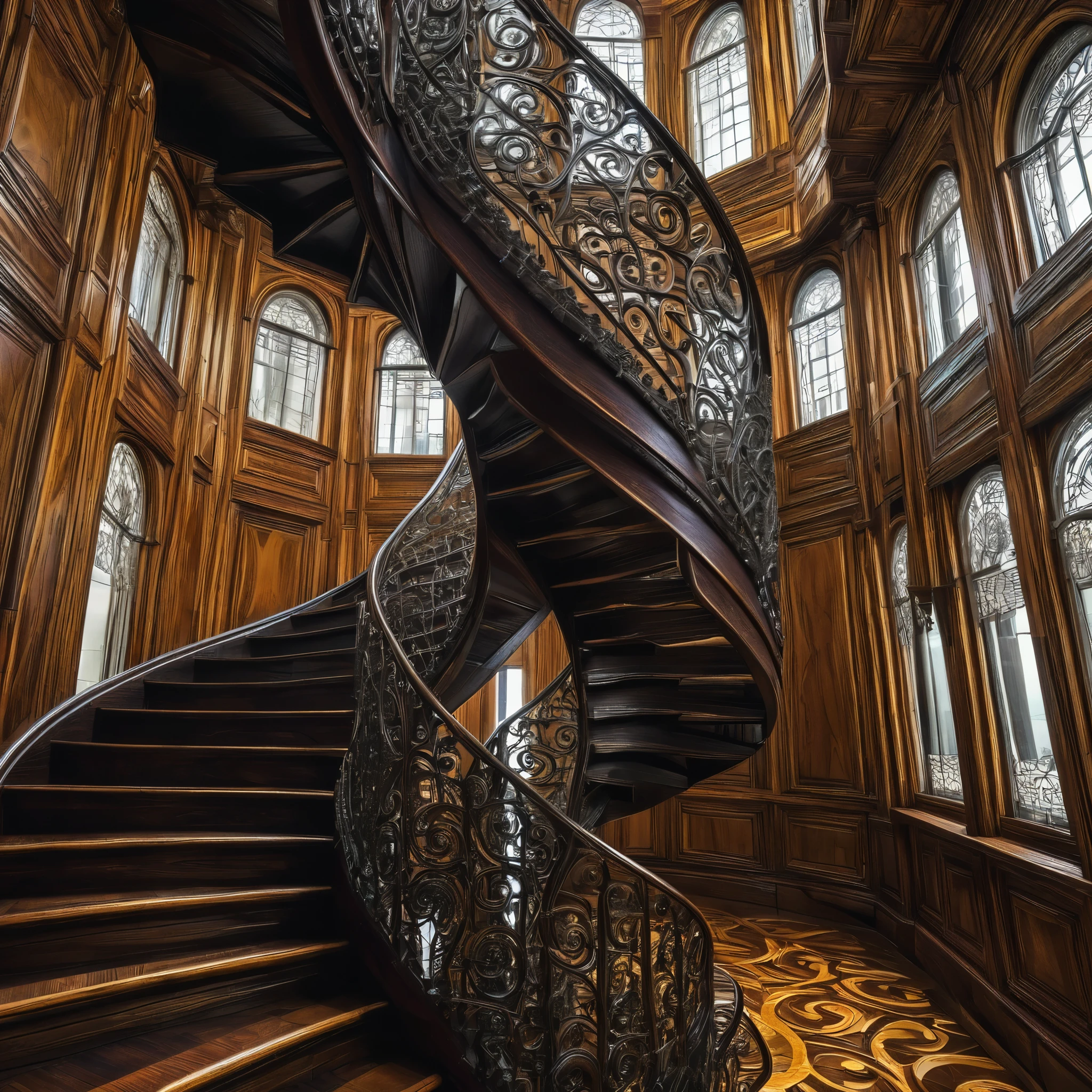A towering spiral staircase made of intricately repeating fractal patterns, each step composed of impossibly intricate forks and knives twisted into mind-bending geometries.