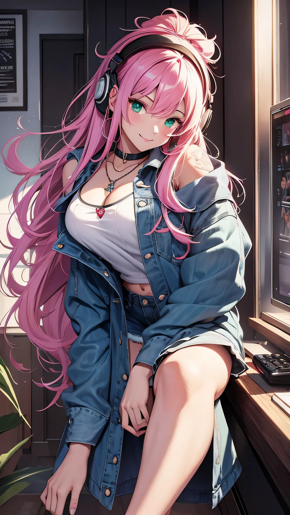 最high quality、best image quality、masterpiece、girl((20-year-old、 By becoming、vest bust、medium bust,wide open breast tea、shining eyes, neon hair、long hair、thin,highest valley、Damaged Denim Shorts、black navel shirt、Damaged Denim Jacket、smile、full body tattoo,diamond earrings、Wristband、necklace、I have headphones、leaning forward、elation、have a controller、lean against the wall)),high quality、beautiful art、background((game room、red lighting、green lighting、virtual))、Flight、debris flies、Depth of written boundary、movie、visual art、perfect art、8k,genuine、