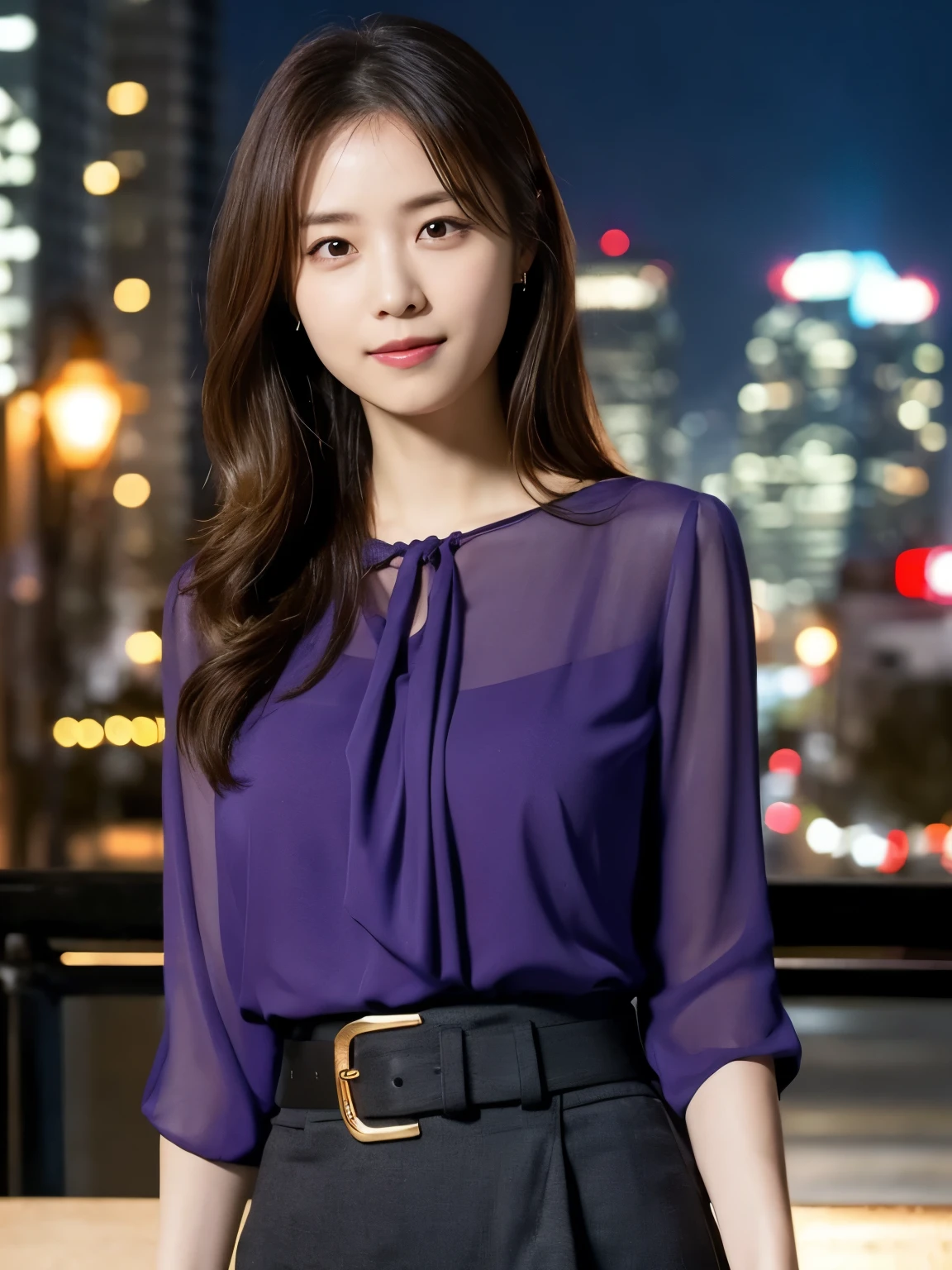 1 girl, (wearing a violet blouse:1.2), short skirt, beautiful japanese actress,
(RAW photo, highest quality), (realistic, Photoreal:1.4), masterpiece,
very delicate and beautiful, very detailed, 2k wallpaper, wonderful,
finely, very detailed CG Unity 8K 壁紙, Super detailed, High resolution,
soft light, beautiful detailed girl, very detailed目と顔, beautifully detailed nose, beautiful and detailed eyes, cinematic lighting,
break,
(Against the backdrop of a night cityscape 1.3), city lights,
perfect anatomy, slender body, smile, Face the front completely, (look at the camera), (waist shot), emphasize big breasts,
