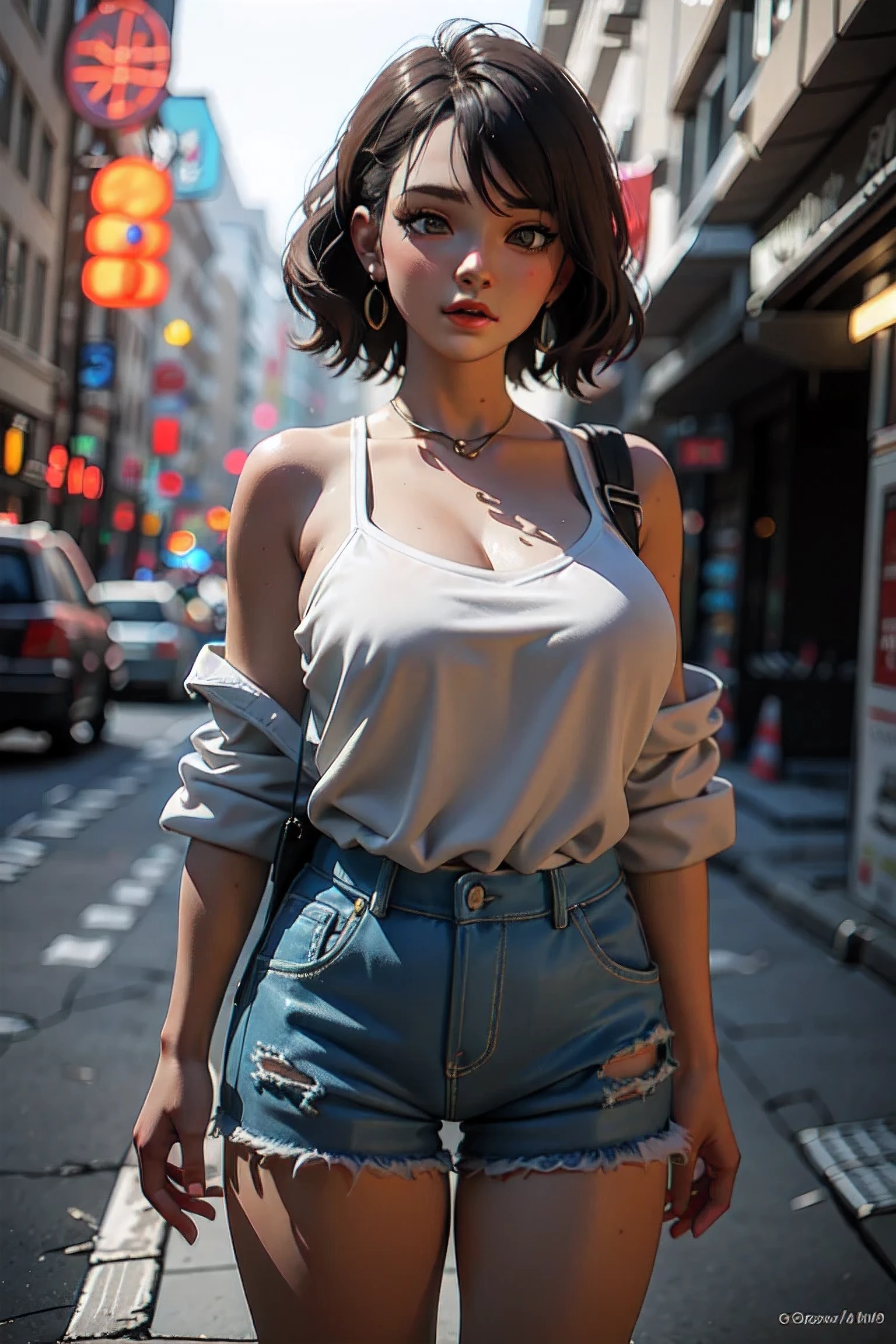 1girl short hair adult , big breasts, Wear a big size, loose clothing;, 3D
