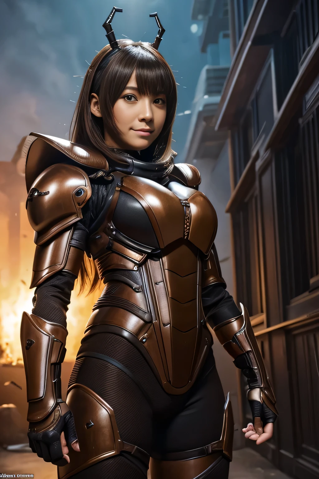 (High resolution,masterpiece,highest quality,Very detailed CG, anime, official art:1.4), realistic, photograph, amazing detail, all complicated, luster and luster,great many layers, 8k wallpaper, 3D, sketch, cute, figure,( alone:1.4), perfect female proportions,villain's daughter, (Fusion of dark brown cockroach and lady:1.4), (brown cockroach form lady:1.2), (brown cockroach woman:1.2), (Fusion:1.2), (alone:1.4), (evil smile:1.2), muscular, abs, (Cockroach brown exoskeleton bio insect suit:1.4), (Cockroach brown exoskeleton bio insect armor:1.2), (brown transparent cockroach feathers:1.4), (brown cockroach antenna:1.3),
