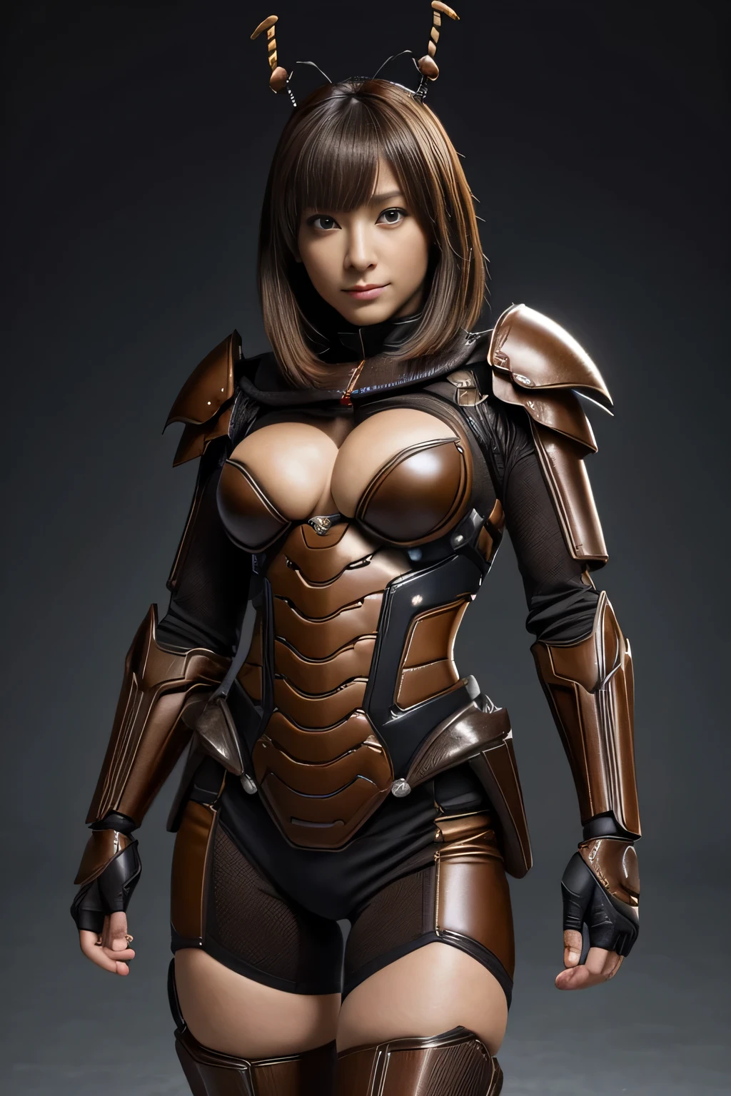 (High resolution,masterpiece,highest quality,Very detailed CG, anime, official art:1.4), realistic, photograph, amazing detail, everything is complicated, shiny and glossy,Amazing number of layers, 8K wallpaper, 3D, sketch, cute, figure,( alone:1.4), perfect female proportions,villain&#39;s daughter, (Fusion of dark brown cockroach and lady:1.4), (brown cockroach woman:1.2), (brown cockroach woman:1.2), (Fusion:1.2), (alone:1.4), (evil smile:1.2), muscular, abs, (Cockroach brown exoskeleton bio insect suit:1.4), (Cockroach brown exoskeleton bio insect armor:1.2), (brown transparent cockroach feathers:1.4), (Antennae of brown cockroaches:1.3),