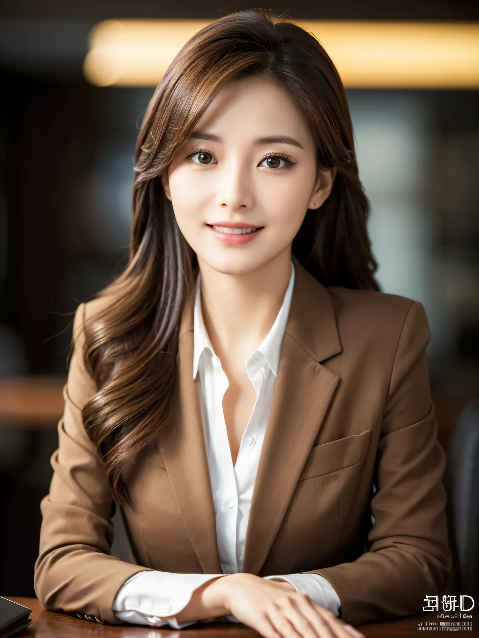 table top、highest quality、genuine、Super detailed、finely、High resolution、8k wallpaper、one beautiful woman、、、light brown disheveled hair、wearing a business suit、sharp focus、perfect dynamic composition、beautiful and detailed eyes、thin hair、Detailed genuine skin texture、smile、close-up portrait、model body shape