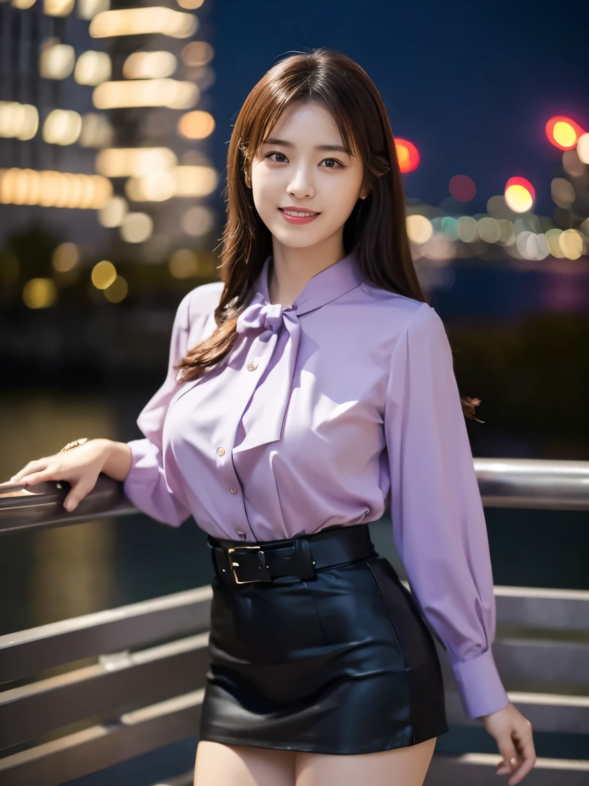 1 girl, (wearing a violet blouse:1.2), short skirt, beautiful japanese actress,
(RAW photo, highest quality), (realistic, Photoreal:1.4), masterpiece, 
very delicate and beautiful, very detailed, 2k wallpaper, wonderful, 
finely, very detailed CG Unity 8K 壁紙, Super detailed, High resolution, 
soft light, beautiful detailed girl, very detailed目と顔, beautifully detailed nose, beautiful and detailed eyes, cinematic lighting, 
break,
(Against the backdrop of a night cityscape 1.3), city lights, 
perfect anatomy, slender body, smile, Face the front completely, (look at the camera), (waist shot), emphasize big breasts,