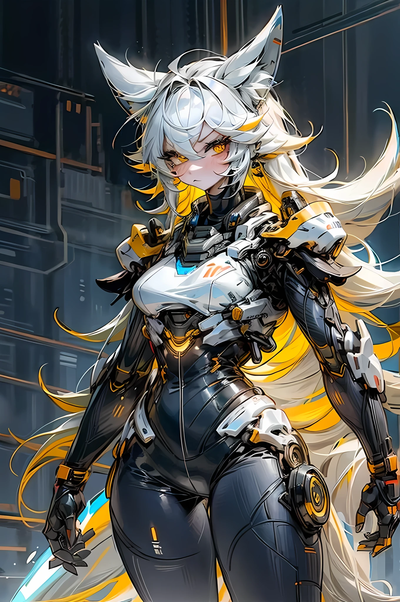 sci-fi fox girl,fox girl,metallic texture,shiny silver armor,glowing neon lights,sci-fi theme,colorful futuristic background,masterpiece:1.2,ultra-detailed,realistic:1.37,portraits,cool blue color tone,stunning lighting,full body,perfect body