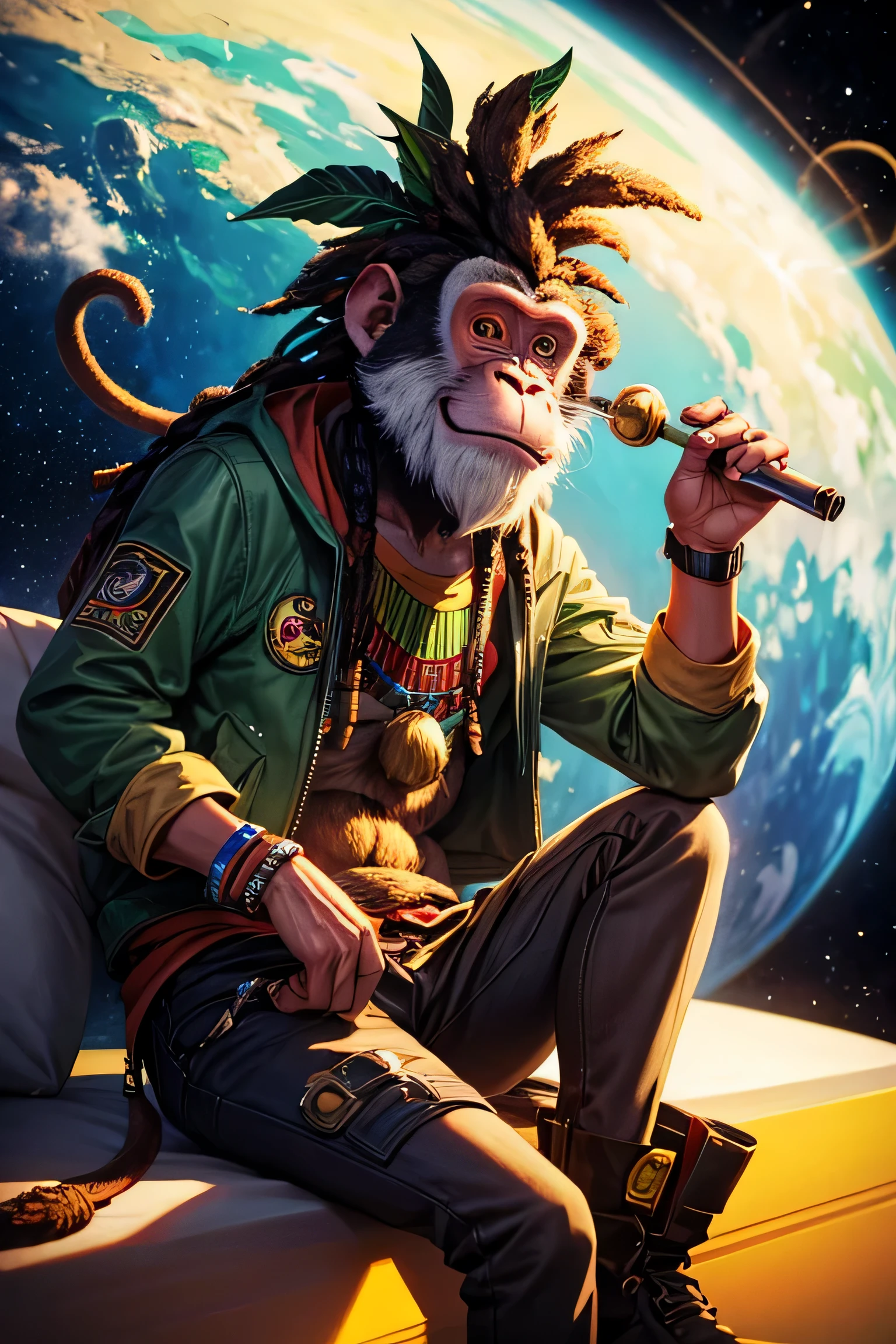 rasta monkey  smoking joint in space 