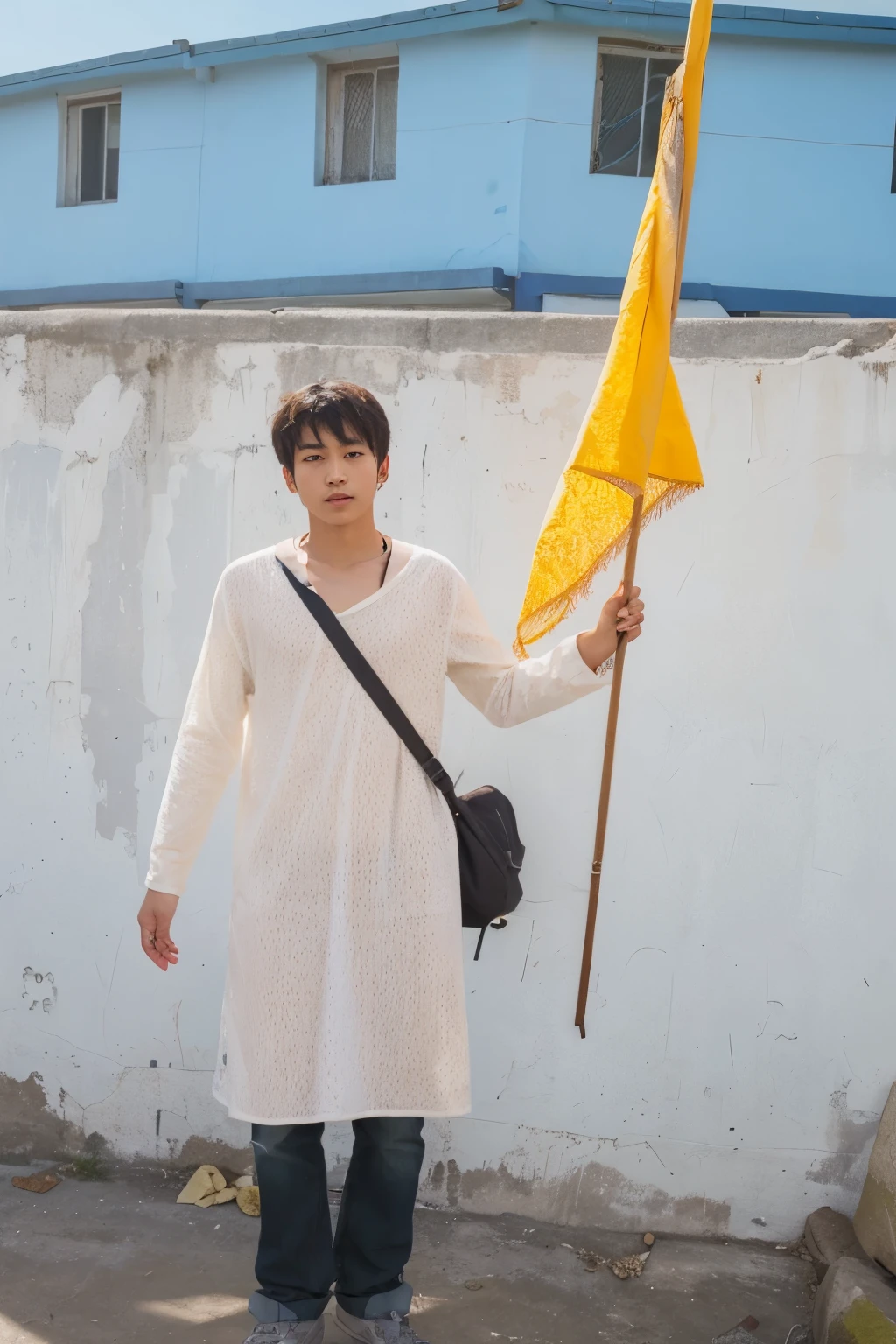 A cute Korean boy shirt less with collar bone visible