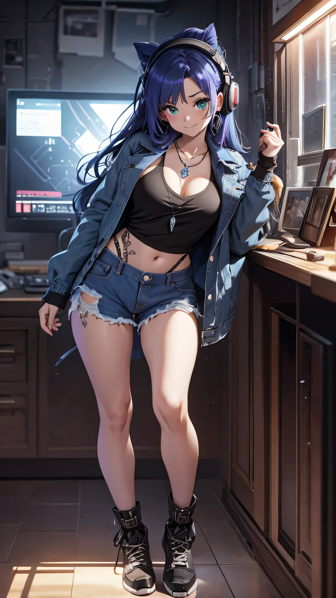 最high quality、best image quality、masterpiece、girl((20-year-old、 By becoming、vest bust、medium bust,wide open breast tea、shining eyes, neon hair、long hair、thin,highest valley、Damaged Denim Shorts、black navel shirt、Damaged Denim Jacket、smile、full body tattoo,diamond earrings、Wristband、necklace、I have headphones、leaning forward、elation、have a controller、lean against the wall)),high quality、beautiful art、background((game room、red lighting、green lighting、virtual))、Flight、debris flies、Depth of written boundary、movie、visual art、perfect art、8k,genuine、