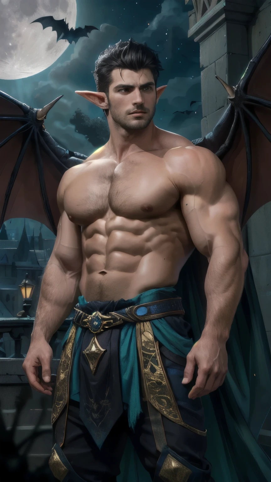 ((best quality)), ((masterpiece)), (detailed), perfect face,Male Body,Perfect Body,Body,Sixpack,perfect Abs,Whole Body,Male face,Whole Body,King,Golden outfits,black hair,shirtless,handsome,arms muscle,Using power,eyes,powerful man, Black loincloth,Look straight,Royal outfits,Vampire male,vampire,King Vampire,in the castle, outfits,royal pants,lips,magic ,sparkling ,Elf ears,Moon light,midnight,farmal,bats,flock of bats,supernatural,Bat wings,power,