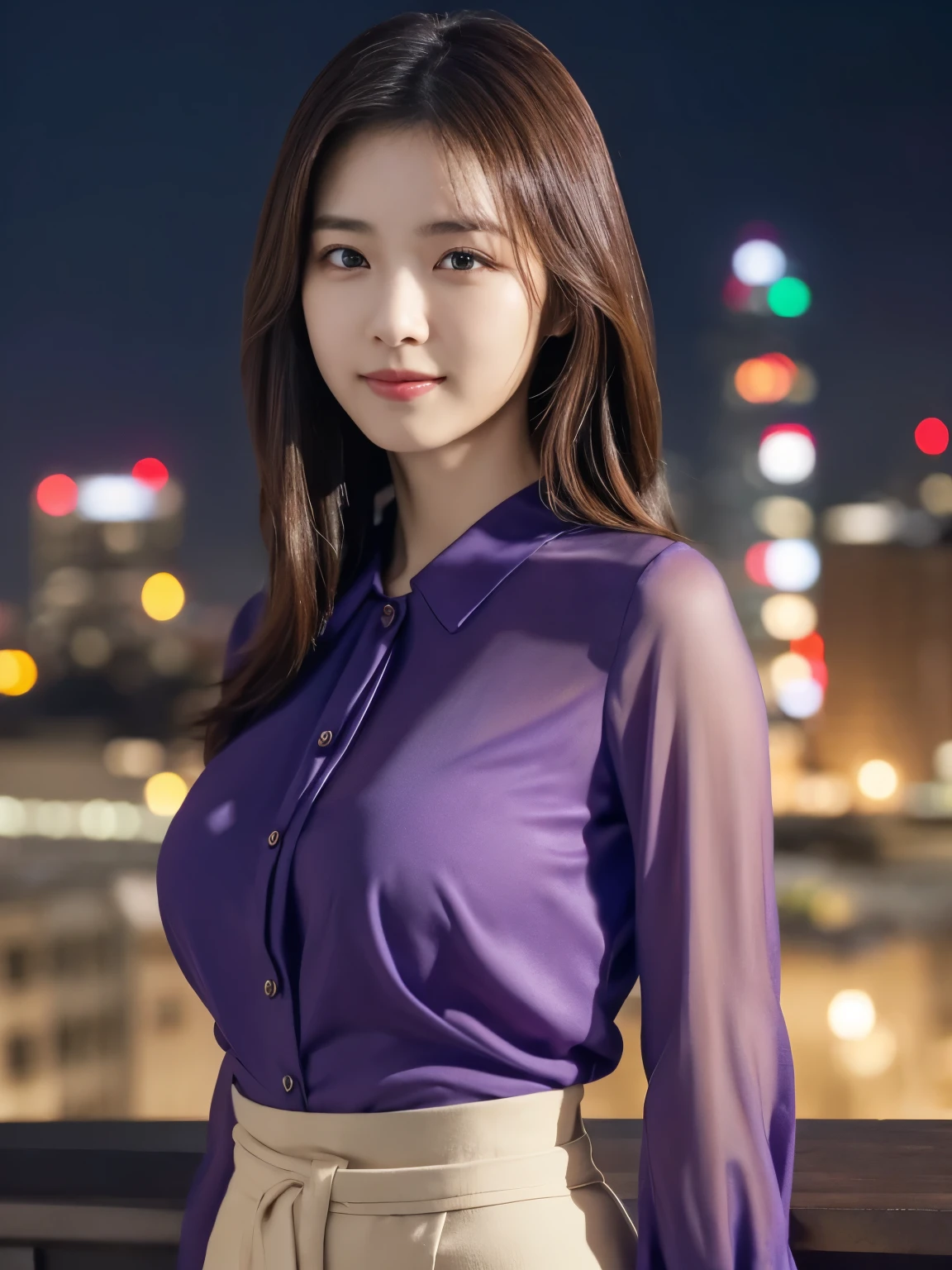 1 girl, (wearing a violet blouse:1.2), beautiful japanese actress,
(RAW photo, highest quality), (realistic, Photoreal:1.4), masterpiece, 
very delicate and beautiful, very detailed, 2k wallpaper, wonderful, 
finely, very detailed CG Unity 8K 壁紙, Super detailed, High resolution, 
soft light, beautiful detailed girl, very detailed目と顔, beautifully detailed nose, beautiful and detailed eyes, cinematic lighting, 
break,
(Against the backdrop of a night cityscape 1.3), city lights, 
perfect anatomy, slender body, smile, Face the front completely, look at the camera, waist shot, emphasize big breasts,