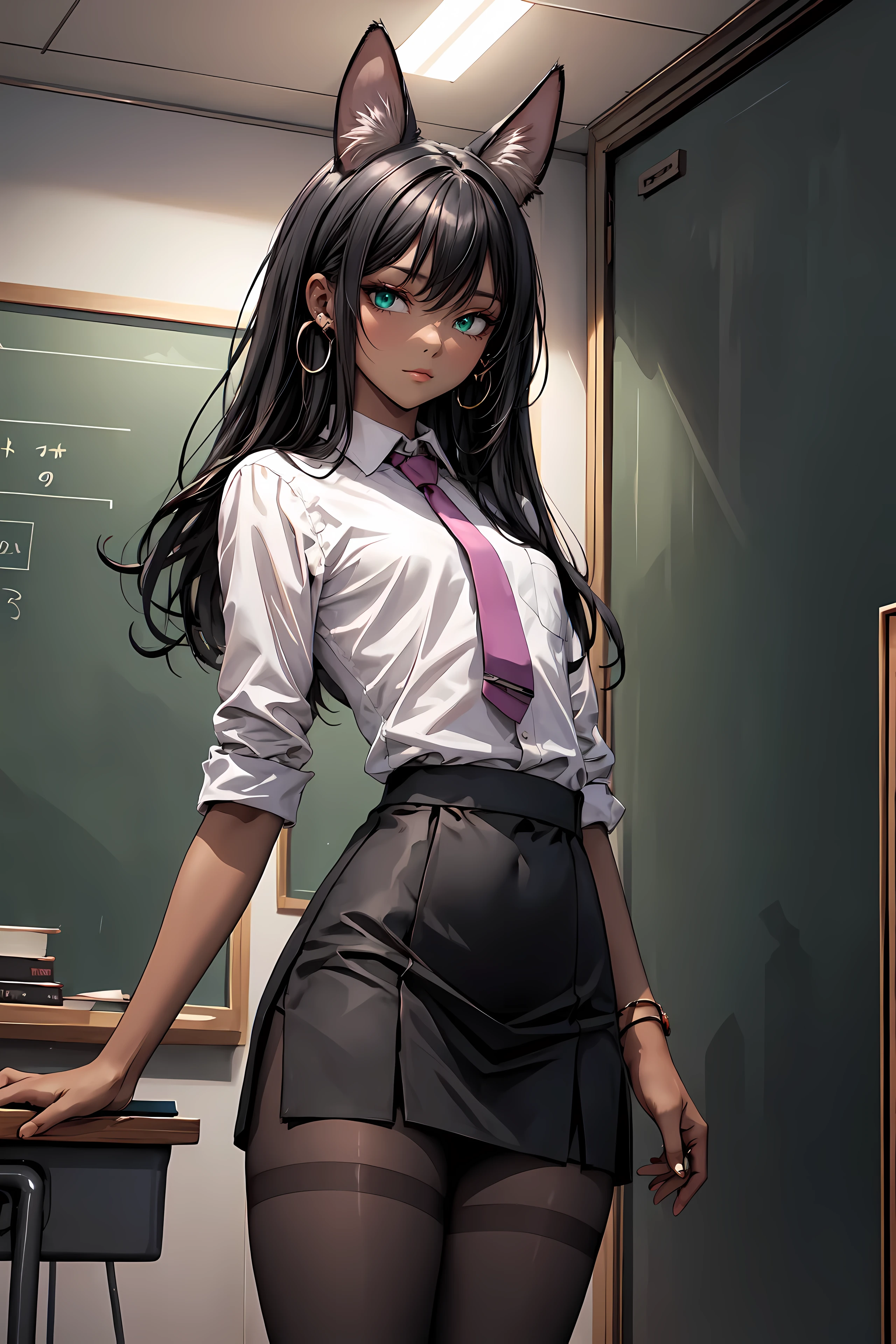 masterpiece, (beautiful and aesthetic), concept art, close shot, centered, shot from below, dynamic, kalithna, (jackal ears, dark skin:1.4), long dark hair, jade green eye, standing front of blackboard, teacher business outfit, short tight skirt, pantyhose, classroom, vibrant color, volumetric lighting, epic composition, epic proportion, HD, kalithna