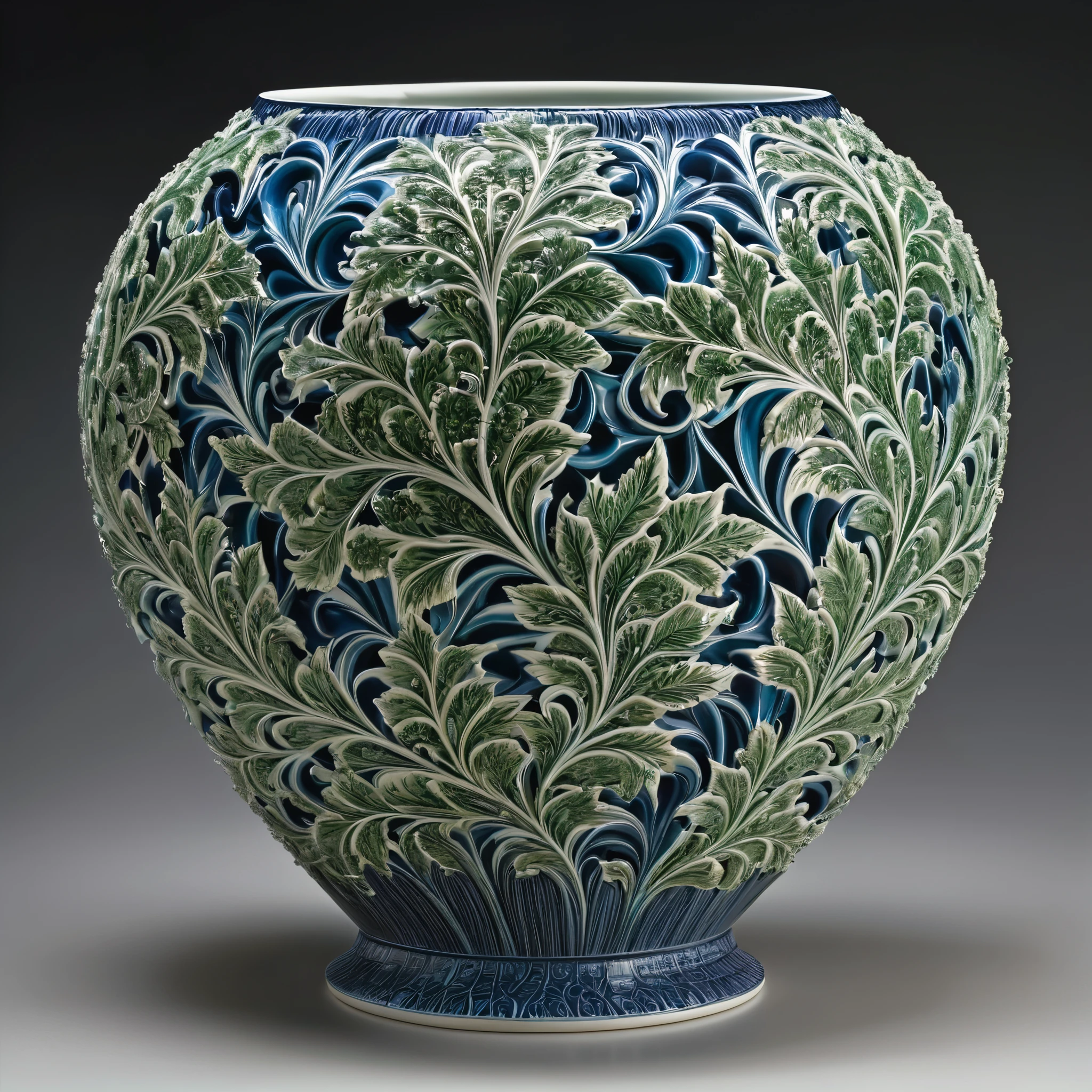 A breathtaking fractal vase exploding with an infinite array of detailed leaves and blooms eternally unfurling from its ornately repeating ceramic patterns.