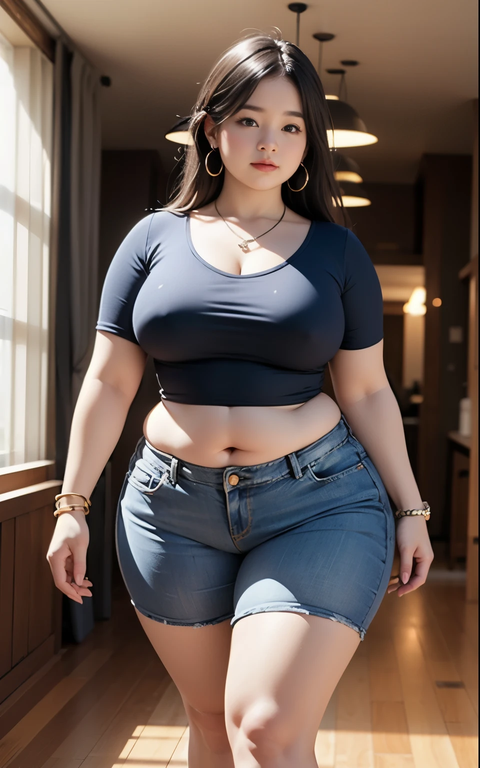 ((best quality)), ((masterpiece)), (detailed), perfect face, araffe woman in a dark-blue shirt and blue denim skirt walking down a dark room, thicc, she has a jiggly fat round belly, bbwchan, wearing tight simple clothes, skinny waist and thick hips, widest hips, her belly is fat and round, soft curvy shape, hyperrealistic full figure, wearing a cute top, wide hips, wearing 10 bracelet , wearing huge diamond necklace