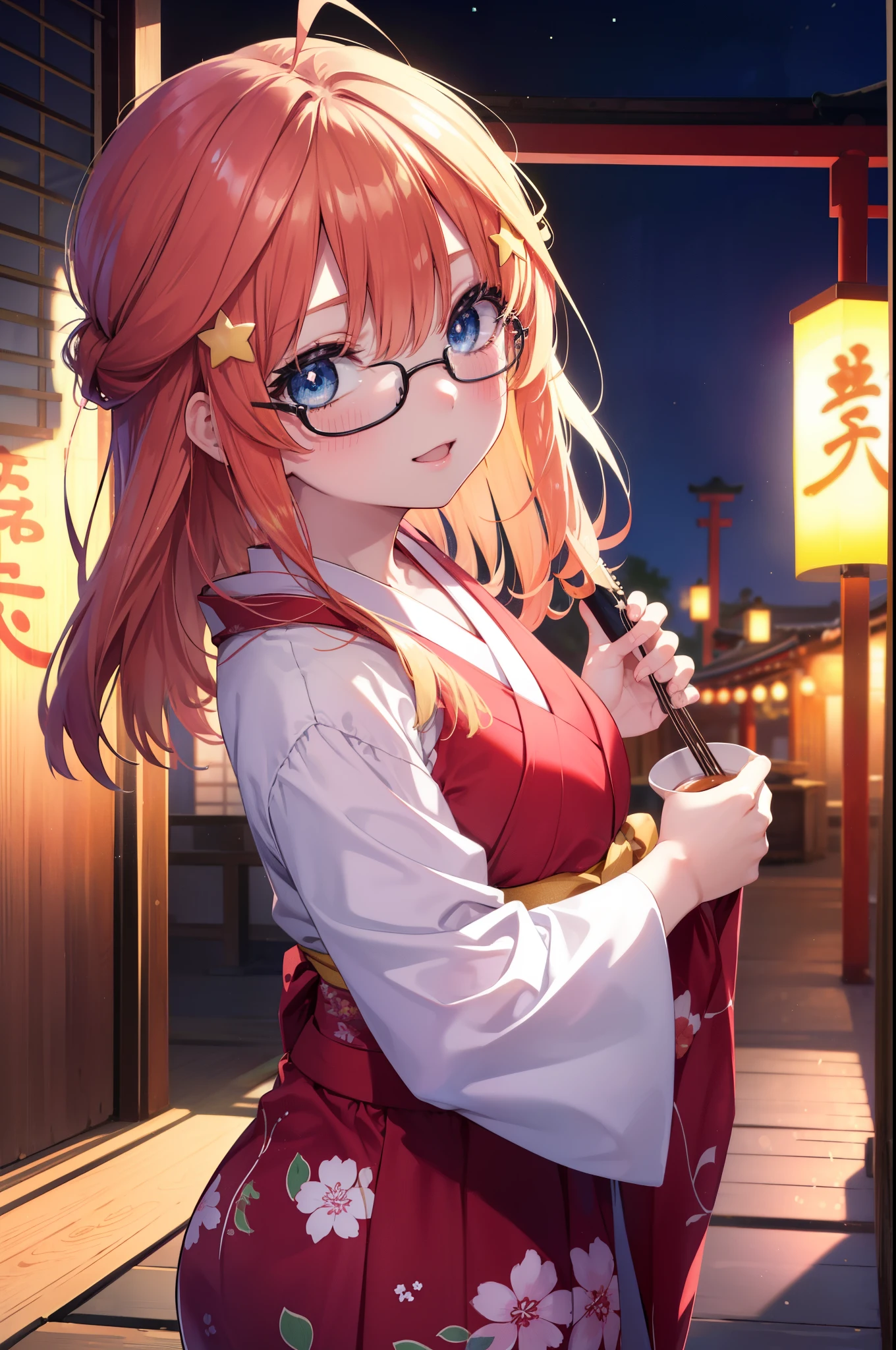 itsukinakano, Itsuki Nakano, bangs, blue eyes, hair between eyes, Ahoge, redhead, star \(symbol\), hair ornaments, star hair ornaments,open your mouth,Akabu glasses,smile,blush,happy atmosphere,long hair,hair tied back,red floral pattern yukata,Red long skirt,Zori sandals,japanese festival,summer festival stalls,Red lantern,night,全身がイラストに入るように
break indoors, shrine,
break (masterpiece:1.2), highest quality, High resolution, unity 8k wallpaper, (figure:0.8), (detailed and beautiful eyes:1.6), highly detailed face, perfect lighting, Very detailed CG, (perfect hands, perfect anatomy),
