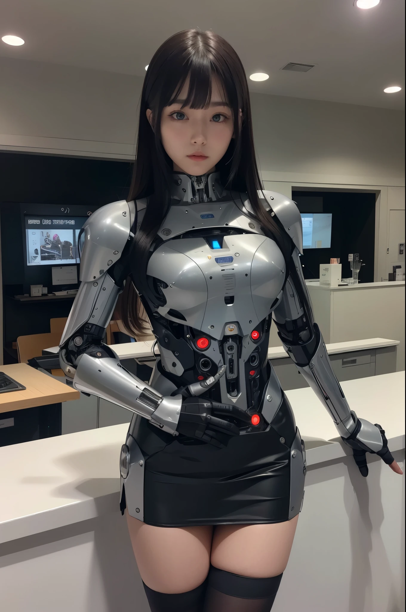 masterpiece, best quality, extremely detailed, Japaese android girl,Plump , control panels,Mechanical Hand, Robot arms and legs, Black hair,Mechanical body,Blunt bangs,future information counter,reception,information office,japanese android receptionist,perfect robot woman,She is powered by electricity,The removable cover is on the groin,The connection port is on the groin,access panel on the chest,miniskirt,dark black tights,She has repaired now,perfect robot girl,robot concierge,She is in information counter,blue eyes