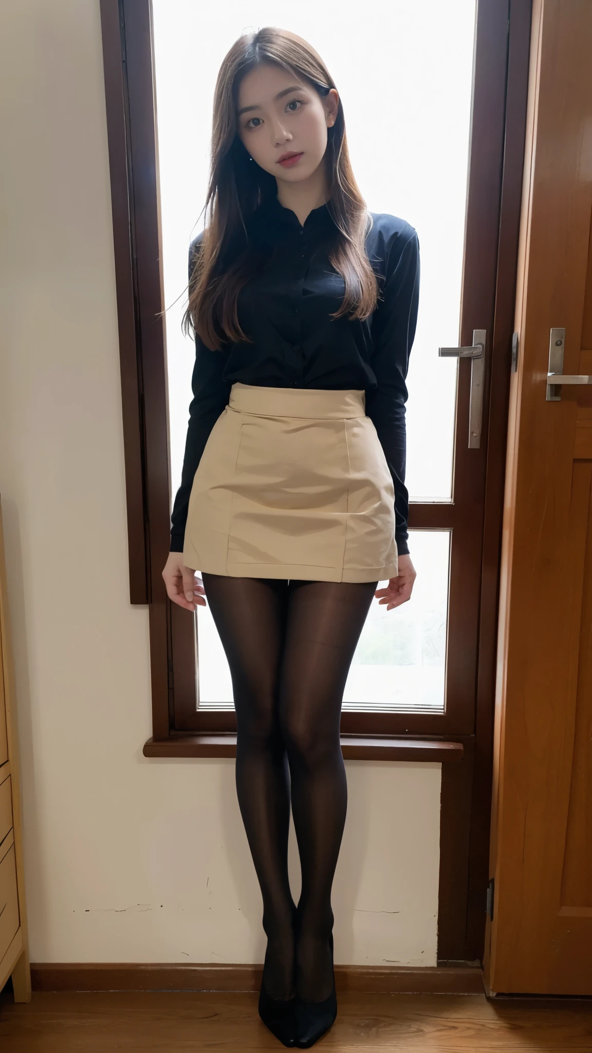 ulzzang-6500-v1.1,(Raw photo:1.2), (realistic:1.4), Delicate beautiful girl, detailed facial features, Star Masterpiece Fine Detail, Japanese high school girl in uniform、real high school girl、japanese uniform、devil、(super realistic pantyhose:1.3), full body shot