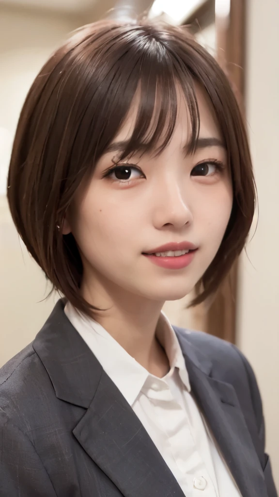 ((masterpiece)), ((highest quality)), (super detailed), ((beautiful)), cute, (Lovely), ((very detailed)), 4k, (8k), highest quality, (beautiful), ((((smile)))),figure, [[[face zoom]]],front、looking at the camera、Japanese,beautifulな女性, Japanese, alone, (suit:1.3), beautiful red hair, beautiful brown eyes, ((beautiful eyes)), short wavy hair, bob cut、lipstick