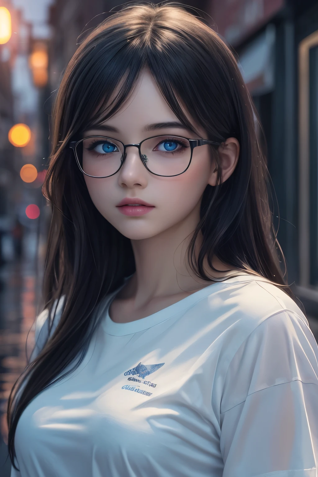 (best quality), (ultra-detailed), (illustration), (detailed light), (an extremely delicate and beautiful), ung girl, black hair, blue eyes, model, glasses, oversized white t-shirt, best quality, extremely detailed CG unified 8k wallpaper, High-definition raw color photos, professional photograpy, rainy background, abandoned night town