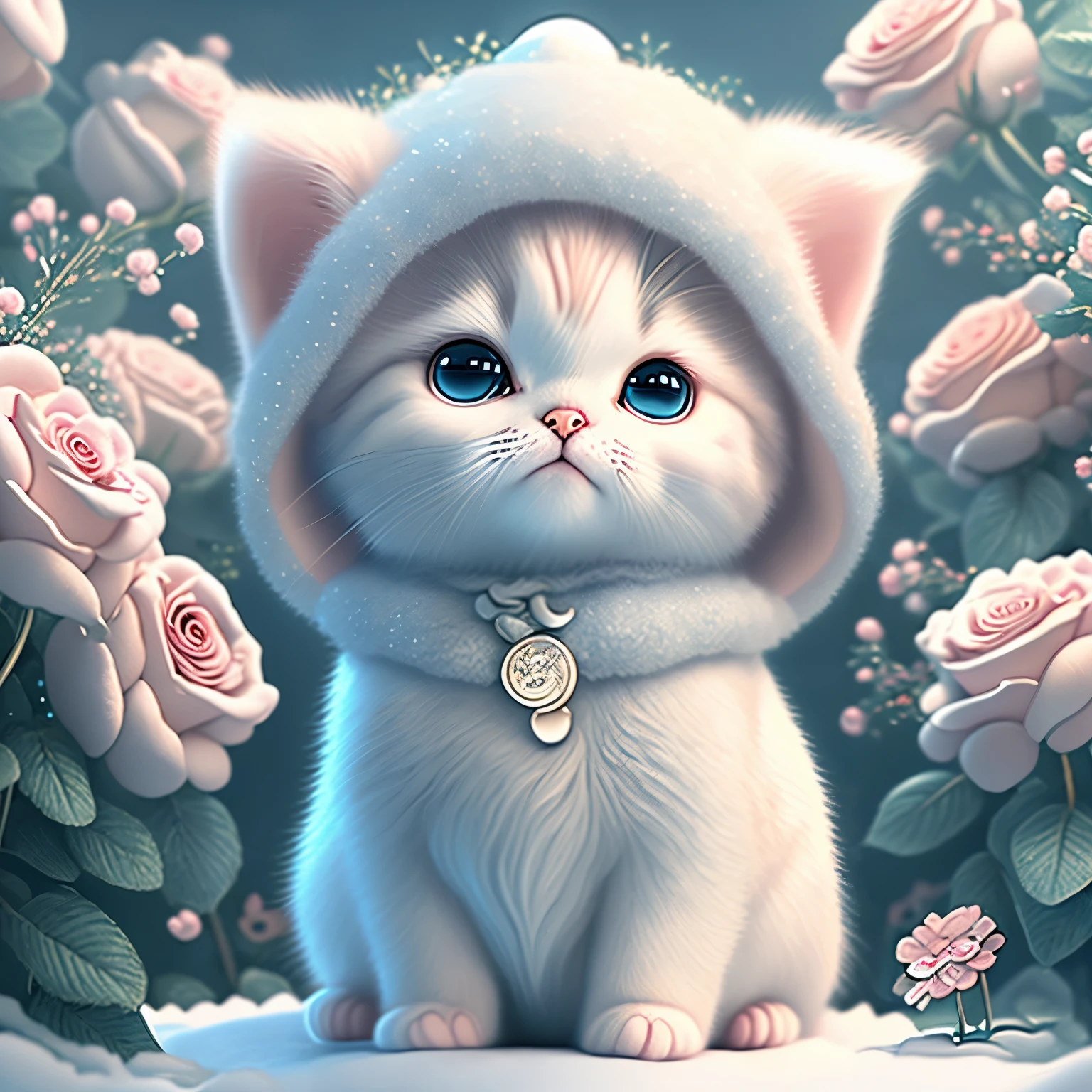 In this ultra-detailed CG art, the adorable kitten surrounded by ethereal roses, best quality, high resolution, intricate details, fantasy, cute animals