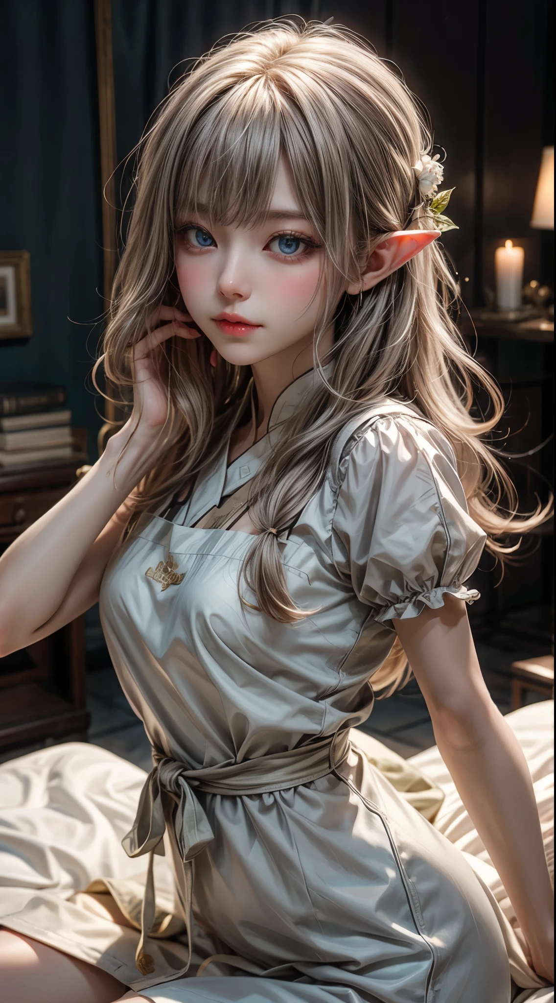 bright look、photorealism、highest quality、超A high resolution、photograph、スカンジナビアから来たとても美しい女の子のphotograph、extraordinary beautiful girl、cute and beautiful face details、(face to face with the children_v1:0.008)、beautiful bangs、alice in wonderland、18-year-old、radiant white skin、facial hair、Bangs that extend to the face、bangs between eyes、super long hair、Silky straight super long hair with an attractive pale platinum blonde color.、thin hair、Charming and shining beautiful bright and clear light blue big eyes、white ?????、yellow dress、eyeliner、double eyelid、rich bust、random sexy pose、elf
