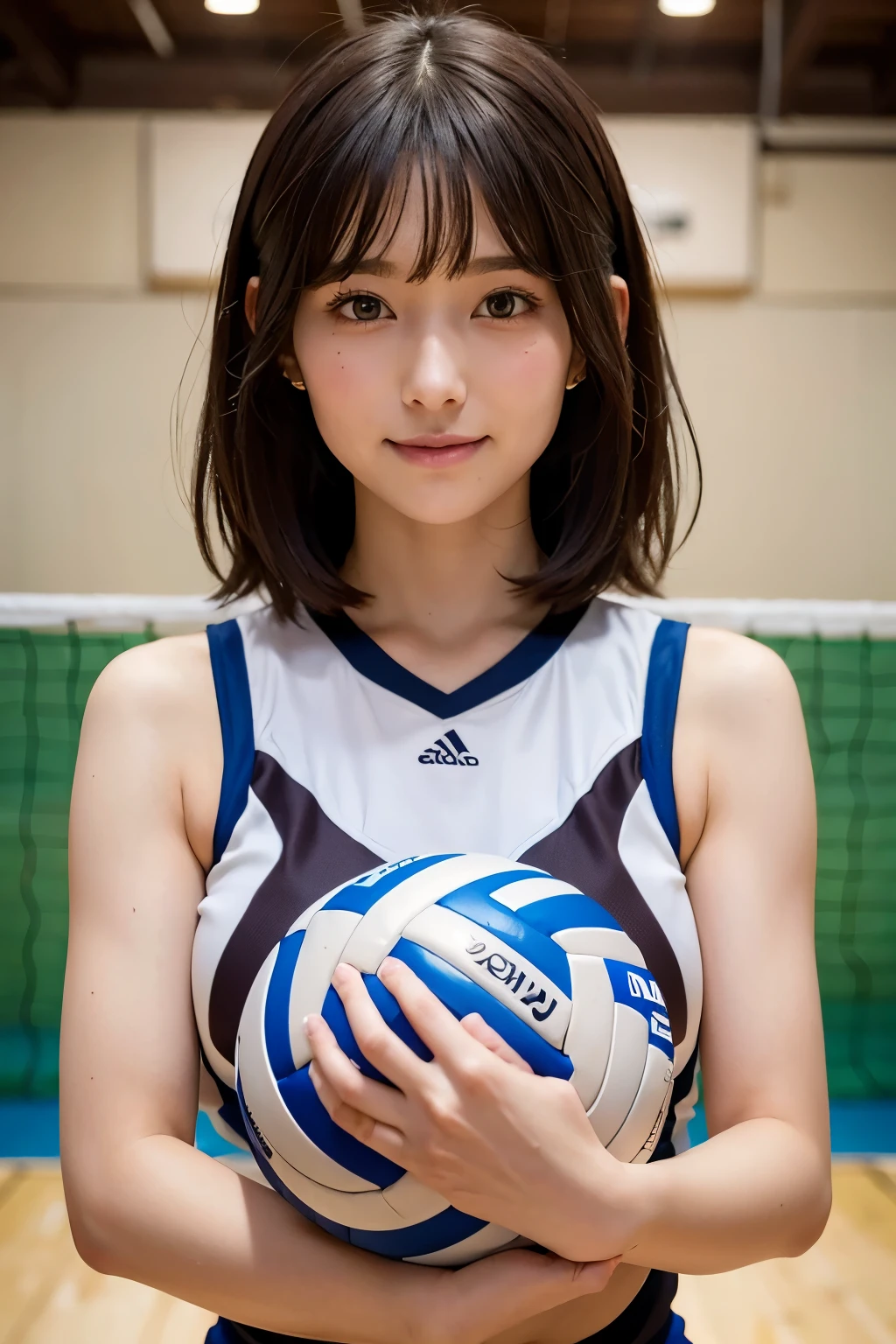 feminine、1 Lady Solo, /(volleyball uniform/), /(dark brown hair/) , A light smile with blushing cheeks, (A masterpiece of the highest quality:1.2) Super detailed and delicate illustrations, Big breasts BREAK /(Indoor volleyball court/)、short hair