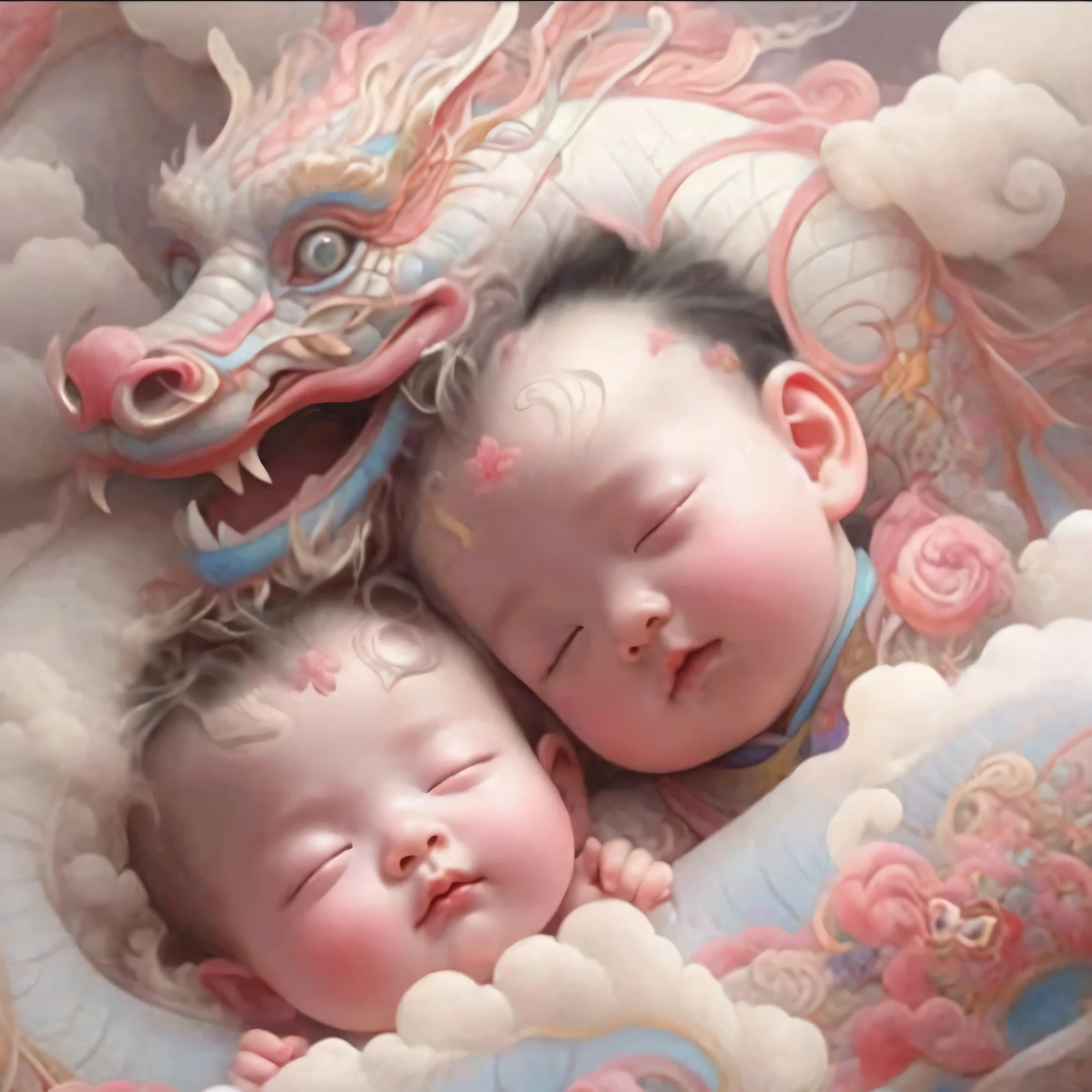 two babies are sleeping in a dragon shaped bed with clouds, yanjun chengt, chinese fantasy, chinese surrealism, dreamland of chinese, lie on white clouds fairyland, inspired by Yue Minjun, adorable digital painting, ross tran and bayard wu, by Qu Leilei, james jean and wlop, dreamy art, xianxia fantasy