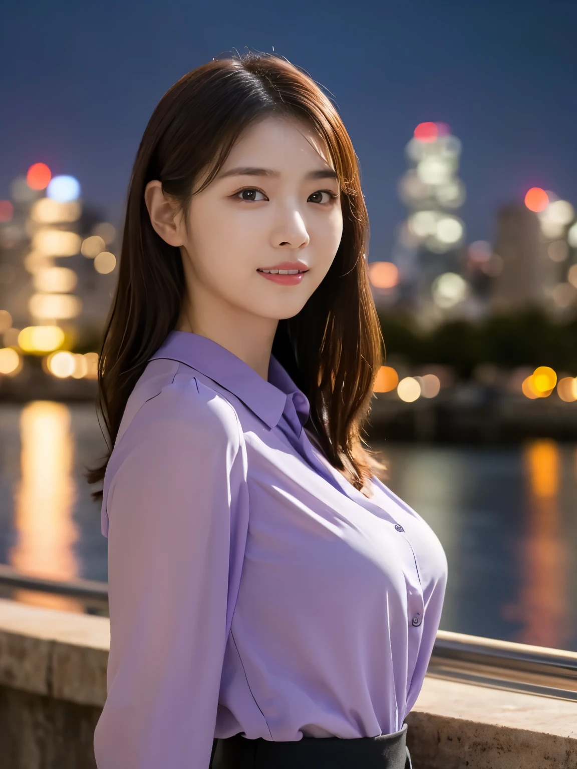 1 girl, (wearing a violet blouse:1.2), beautiful japanese actress,
(RAW photo, highest quality), (realistic, Photoreal:1.4), masterpiece, 
very delicate and beautiful, very detailed, 2k wallpaper, wonderful, 
finely, very detailed CG Unity 8K 壁紙, Super detailed, High resolution, 
soft light, beautiful detailed girl, very detailed目と顔, beautifully detailed nose, beautiful and detailed eyes, cinematic lighting, 
break,
(Against the backdrop of a night cityscape 1.3), city lights, 
perfect anatomy, slender body, smile, Face the front completely, look at the camera, waist shot, emphasize big breasts,