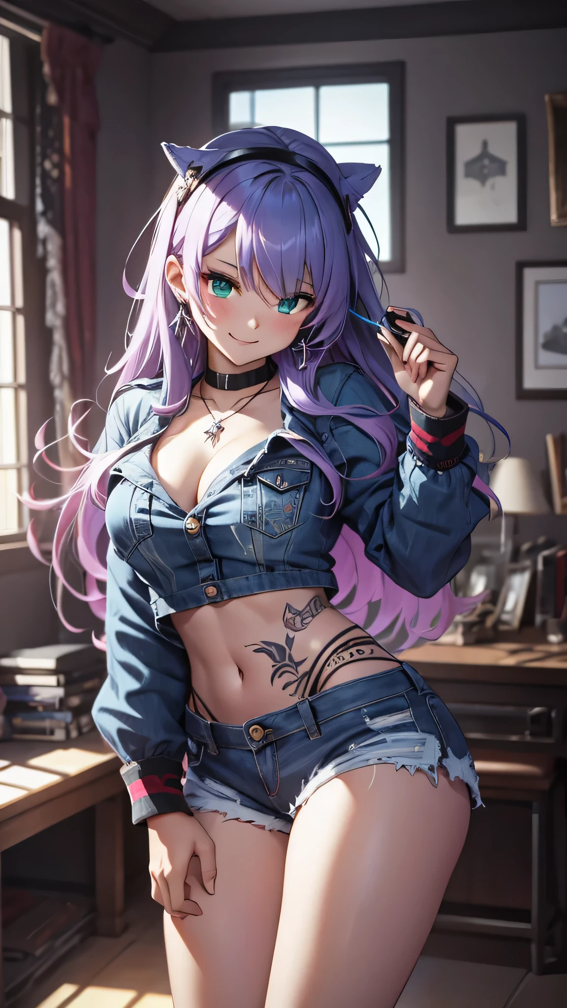 最high quality、best image quality、masterpiece、girl((20-year-old、 By becoming、vest bust、medium bust,wide open breast tea、shining eyes, neon hair、long hair、thin,highest valley、Damaged Denim Shorts、black navel shirt、Damaged Denim Jacket、smile、full body tattoo,diamond earrings、Wristband、necklace、I have headphones、leaning forward、elation、have a controller、lean against the wall)),high quality、beautiful art、background((game room、red lighting、green lighting、virtual))、Flight、debris flies、Depth of written boundary、movie、visual art、perfect art、8k,genuine、