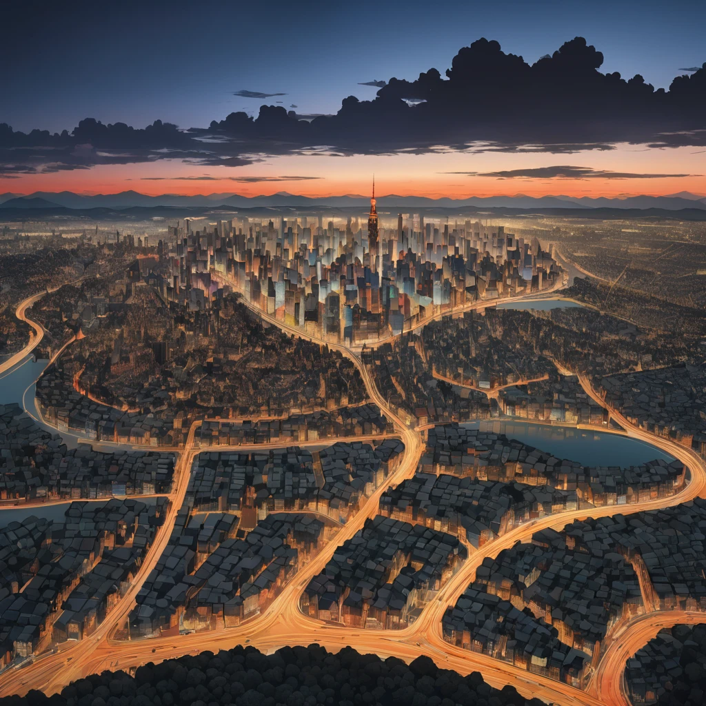 Aerial View, aesthetic, extremely detailed, color photo of Aerial View,vivid hues,sharp contrasts,majestic landscapes below,snaking rivers,patchwork fields,urban sprawl,sun glinting off skyscrapers,plush greenery,distant mountains,shifting clouds,scarce shadows,nature's tapestry from above,night descending,transition from daylight to dusk,artificial lights flickering to life,twilight's final embers,velvety darkness enveloping,skyline silhouettes,ambient city glow,subdued tones,ethereal tranquility,Canon EOS 5D Mark IV,Kodak Portra 160 film,24-70mm f/2.8L lens,long exposure,high altitude stabilization,David Lynch,Stanley Kubrick,Wes Anderson,Vivienne Westwood,Alexander McQueen,Tim Walker