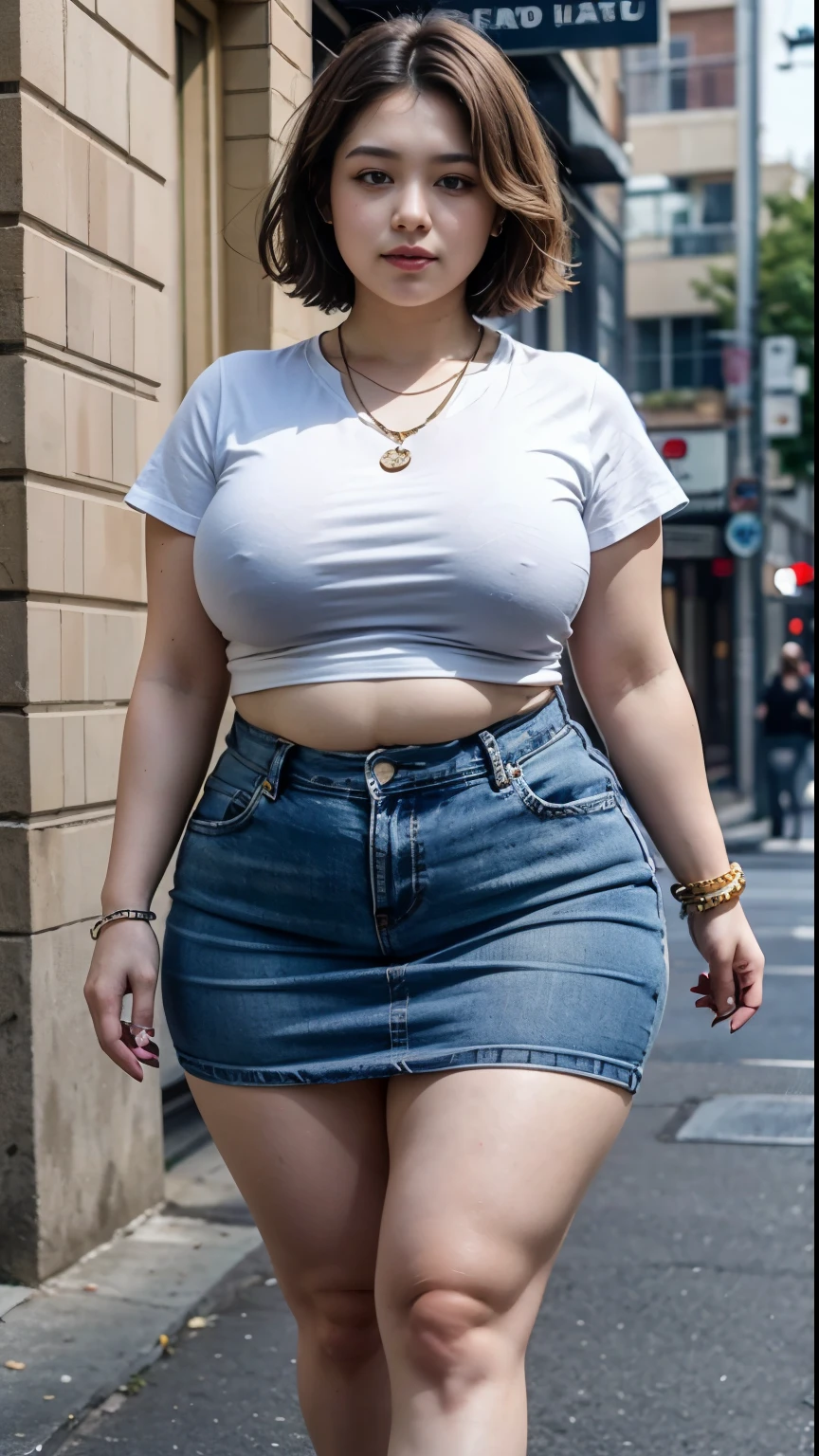 ((best quality)), ((masterpiece)), (detailed), perfect face, araffe woman in a long dark-blue shirt and blue denim skirt walking down a street, thicc, wavy short hair , she has a jiggly fat round belly, bbwchan, wearing tight simple clothes, skinny waist and thick hips, widest hips, her belly is fat and round, soft curvy shape, hyperrealistic full figure, wearing a cute top, wide hips, wearing 10 bracelet , wearing huge diamond necklace