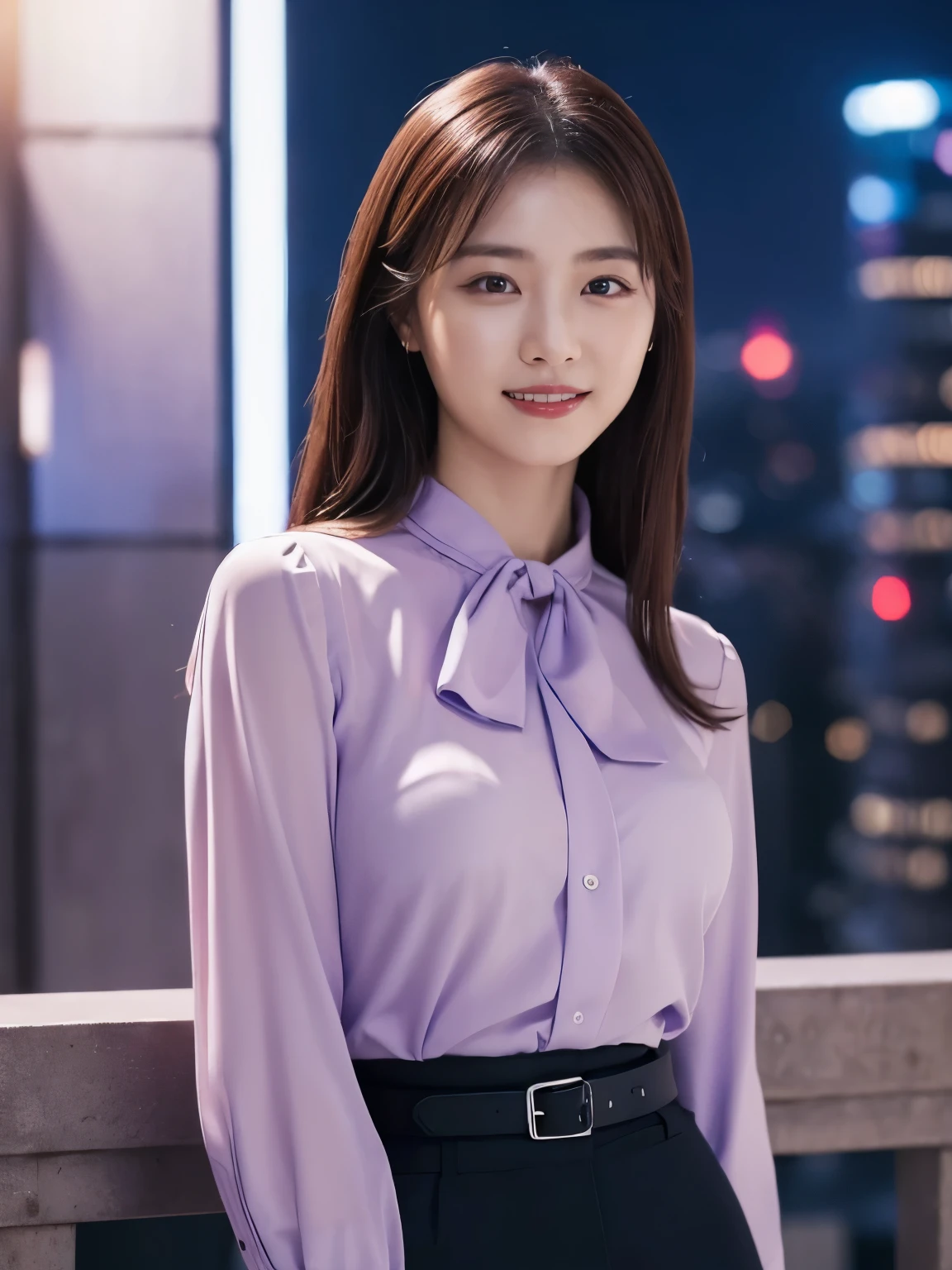 1 girl, (wearing a violet blouse:1.2), beautiful japanese actress,
(RAW photo, highest quality), (realistic, Photoreal:1.4), masterpiece, 
very delicate and beautiful, very detailed, 2k wallpaper, wonderful, 
finely, very detailed CG Unity 8K 壁紙, Super detailed, High resolution, 
soft light, beautiful detailed girl, very detailed目と顔, beautifully detailed nose, beautiful and detailed eyes, cinematic lighting, 
break,
(Against the backdrop of a night cityscape 1.3), city lights, 
perfect anatomy, slender body, smile, Face the front completely, (look at the camera), waist shot, emphasize big breasts,