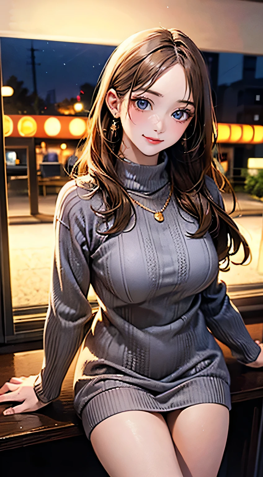 (masterpiece:1.2, highest quality), (realistic pictures:1.4), beautiful illustrations, (natural side lighting, movie lighting),looking at the viewer, 1 girl, Japanese, 16 years old, perfect face, perfect body, Cute symmetrical face, shiny skin, baby face, (long hair, straight hair, sideburns, hair intake, blonde), flowing bangs, gold eyes, big eyed idol chest, seductive thighs), earrings, beautiful hair, beautiful face, fine and beautiful eyes, beautiful clavicle, beautiful body, beautiful breasts, beautiful thighs, beautiful feet, beautiful fingers, ((gray and brown plaid dress), Light brown turtleneck sweater, necklace), (beautiful scenery), night, (bar), walk, (nice smile, upper grade) 