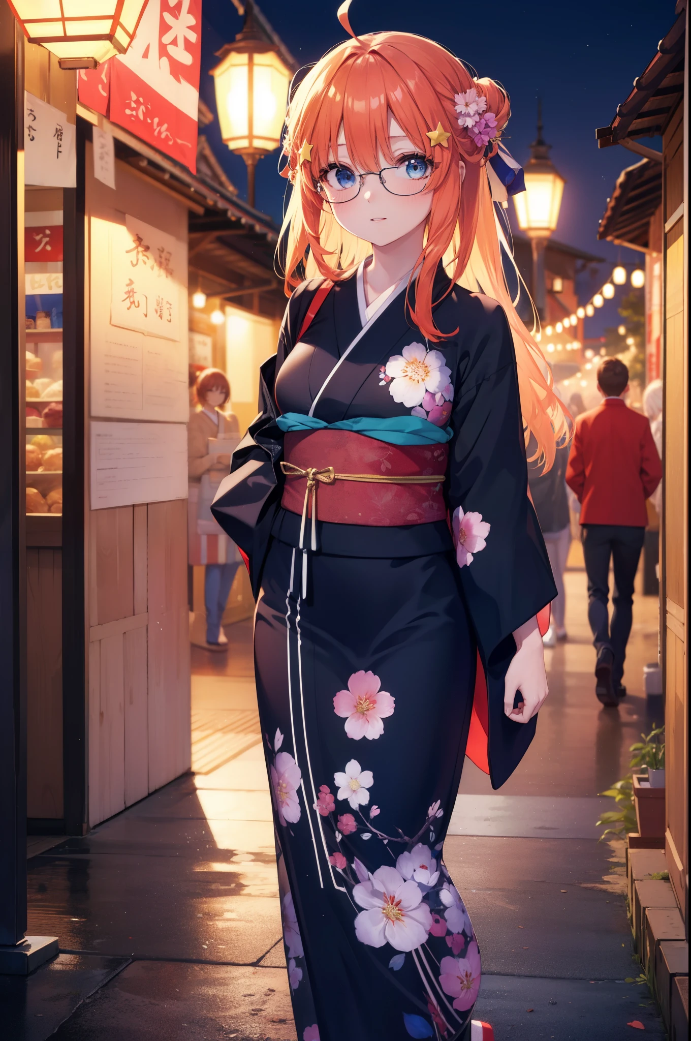 itsukinakano, Itsuki Nakano, bangs, blue eyes, hair between eyes, Ahoge, redhead, star \(symbol\), hair ornaments, star hair ornaments,open your mouth,Akabu glasses,smile,blush,happy atmosphere,long hair,hair tied back,put both arms behind one's back,red floral pattern yukata,,Zori sandals,japanese festival,summer festival stalls,Red lantern,night,walking,So that the whole body goes into the illustration,
break indoors, shrine,
break (masterpiece:1.2), highest quality, High resolution, unity 8k wallpaper, (figure:0.8), (detailed and beautiful eyes:1.6), highly detailed face, perfect lighting, Very detailed CG, (perfect hands, perfect anatomy),