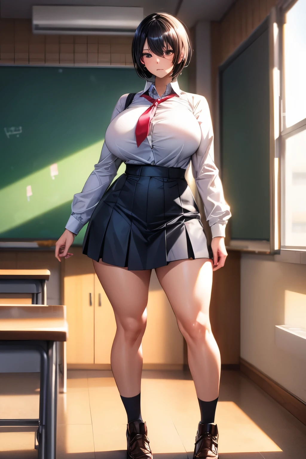 Solo best quality, masterpiece, extremely detailed CG, extremely detailed 8K wallpaper, indoors, classroom, masterpiece, best quality, extreme detail, Sharp anime style, sharp focus, intricate details, 1girl, huge breasts, highres, white school shirt, navy blue skirt, 8k, tomboy, black hair, brown eyes, female, fair skin, voluptuous, short black hair, high school girl, standing, hourglass figure, cool face, short hair, sharp and cool face, calm expression, fair skin, rather tall, full body shot, , school girl, white shirt, brown eyes, nijistyle, crossing arms under(gigantic breasts breasts 1.8)