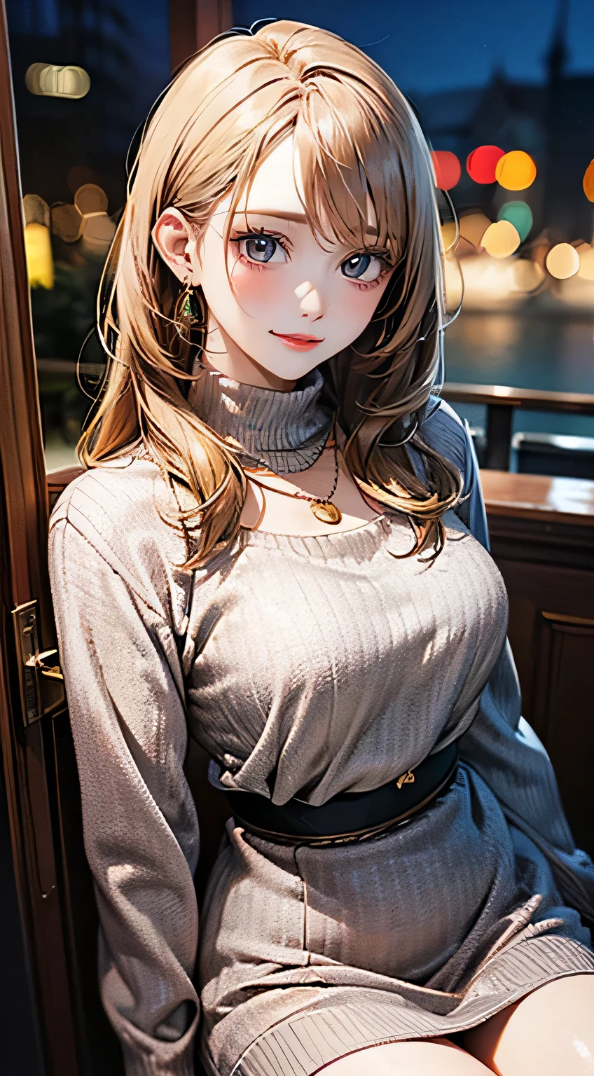 (masterpiece:1.2, highest quality), (realistic pictures:1.4), beautiful illustrations, (natural side lighting, movie lighting),looking at the viewer, 1 girl, Japanese, 16 years old, perfect face, perfect body, Cute symmetrical face, shiny skin, baby face, (long hair, straight hair, sideburns, hair intake, blonde), flowing bangs, gold eyes, big eyed idol chest, seductive thighs), earrings, beautiful hair, beautiful face, fine and beautiful eyes, beautiful clavicle, beautiful body, beautiful breasts, beautiful thighs, beautiful feet, beautiful fingers, ((gray and brown plaid dress), Light brown turtleneck sweater, necklace), (beautiful scenery), night, (bar), walk, (nice smile, upper grade) 