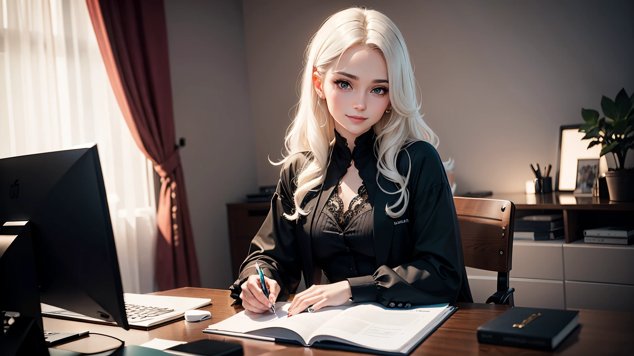 dice,data ,1 pale white Norwegian female, short black wavy hair , working in home office, dressed in all black formal clotches, sitting at a desk with a computer and relevant documents, all black outfit,wide angle, sharp focus, 27 years old, smiling, small breasts, successful, deitailed skin, detailed hair, great lighting, no rings , small nose, white smile, using gloss on lips, detailed eyes, boukeh photo.