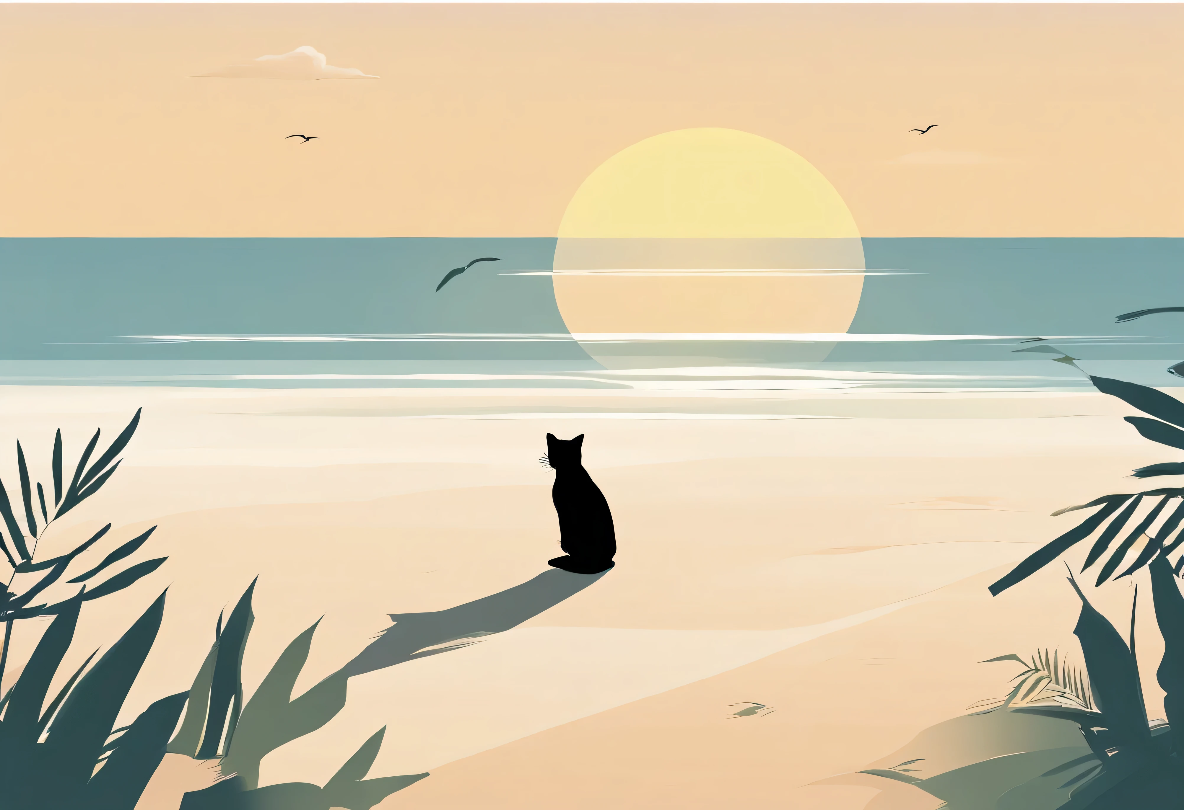 Summer sea and cat silhouette、Simple line art illustration、minimalism