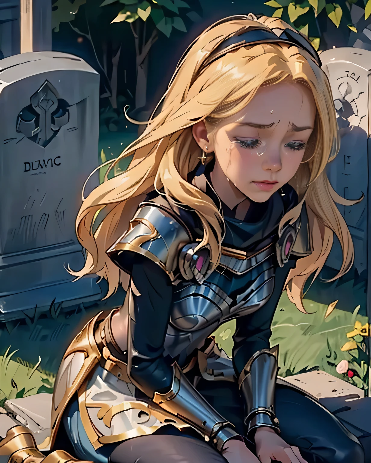 1 woman, Lux from League of Legends, Luxanna Crown Guard, Lux101, long hair, blond hair, very delicate hairstyle, closed eyes, hair band, 
(tearful face:1.3), sad expression, sad face, (distinct tears:1.3), kneel on one leg, Medieval grave tombstone with flowers, 
best quality, mackerel:1.4), detailed, intricate details, 4K, cinematic lighting, depth of field, detailed background,