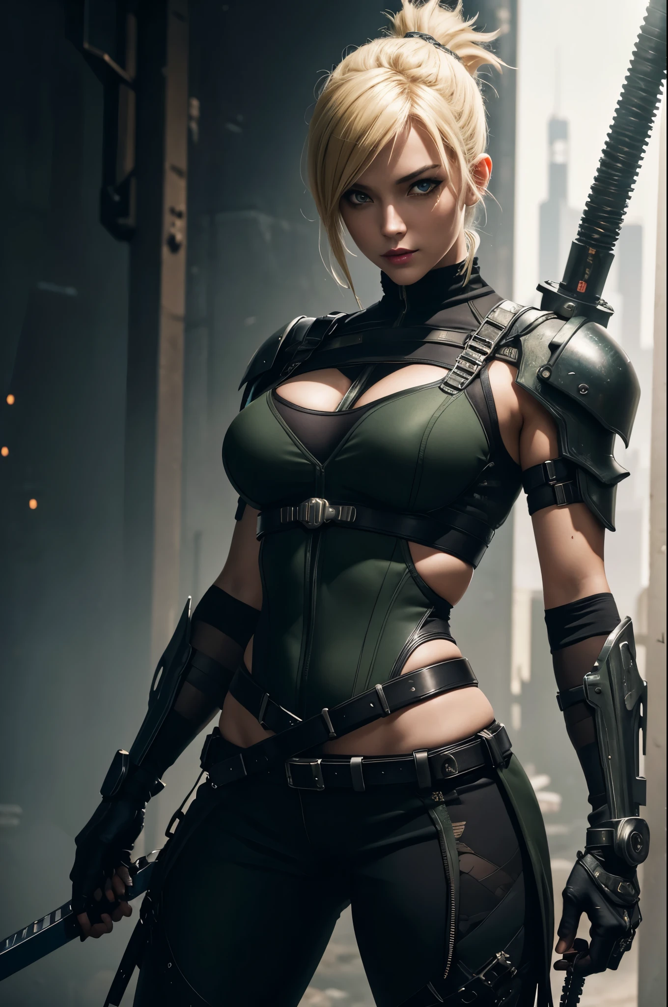 8K,Sexy demon slayer in combat bondage outfit,Super beautiful(like the real thing),green eyes,Big eyes,green mohawk hair,black combat bondage pants,carry a long, large sword on one's back,fearless smile,detailed hazel eyes, sharp face, clear eyes, red lips, long bangs, short curly hair, blonde, ((cyberpunk dark city)), Upper body, sexy battle suit, military harness,masterpiece,Photorealistic RAW photos of the highest quality。bright colors,rich colors, Backlight, cinematic lighting, film grain, to be born, 50mm lens, Nikon D850,detailed character art,fantasy art,ultra high resolution,super realistic skin,perfect hand shape,In front of the ruins,dynamic pose,Close-up,