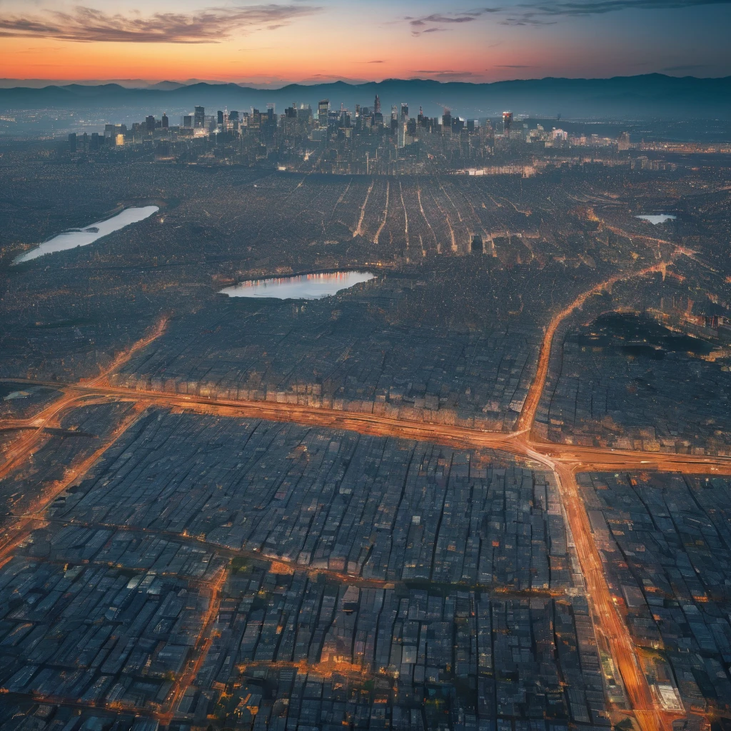 Aerial View, aesthetic, extremely detailed, color photo of Aerial View,vivid hues,sharp contrasts,majestic landscapes below,snaking rivers,patchwork fields,urban sprawl,sun glinting off skyscrapers,plush greenery,distant mountains,shifting clouds,scarce shadows,nature's tapestry from above,night descending,transition from daylight to dusk,artificial lights flickering to life,twilight's final embers,velvety darkness enveloping,skyline silhouettes,ambient city glow,subdued tones,ethereal tranquility,Canon EOS 5D Mark IV,Kodak Portra 160 film,24-70mm f/2.8L lens,long exposure,high altitude stabilization,David Lynch,Stanley Kubrick,Wes Anderson,Vivienne Westwood,Alexander McQueen,Tim Walker